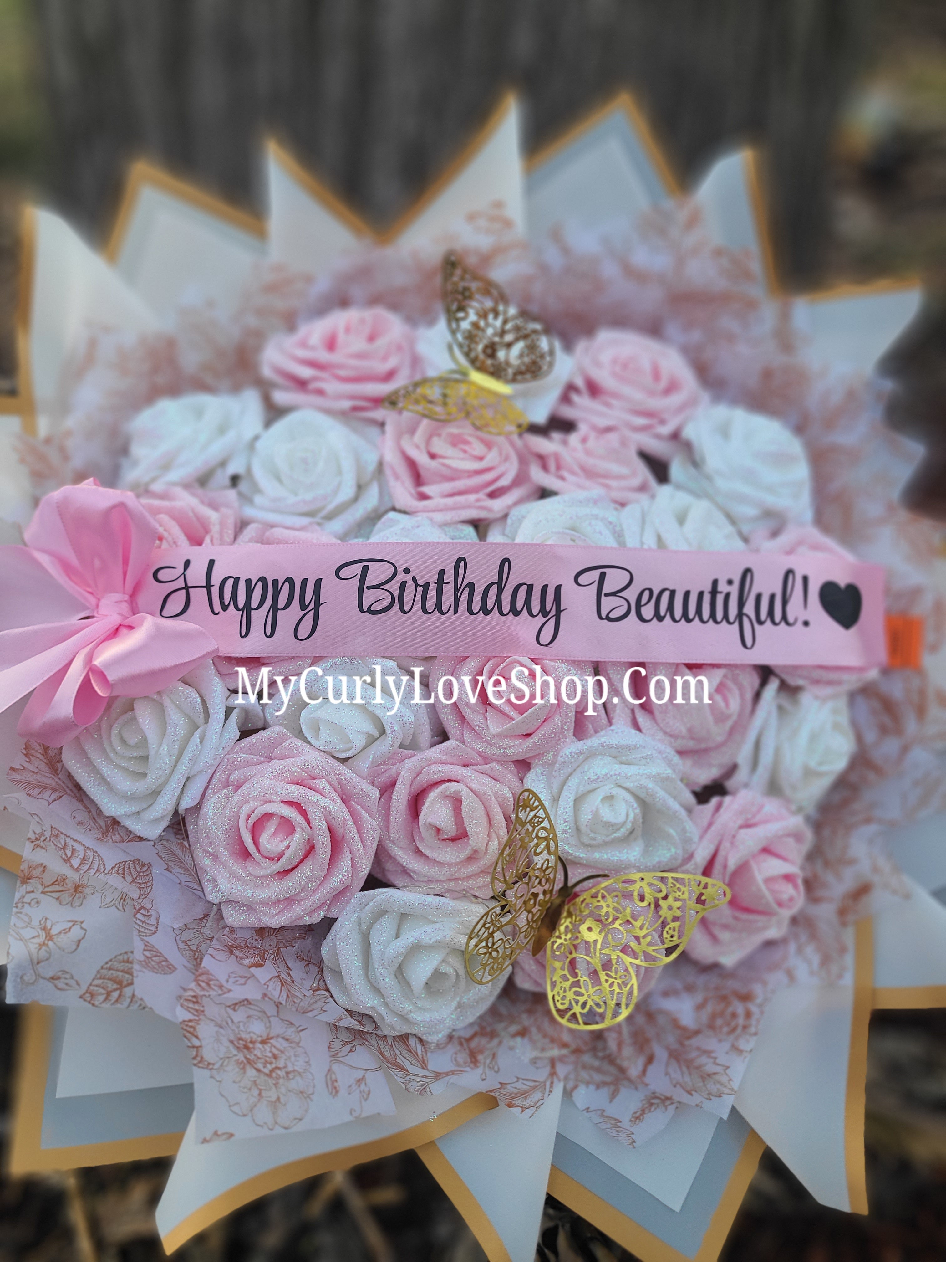 Floral Glitter Roses Bouquet. Comes with two gold butterflies. Banner and Lights are additional. See selection.