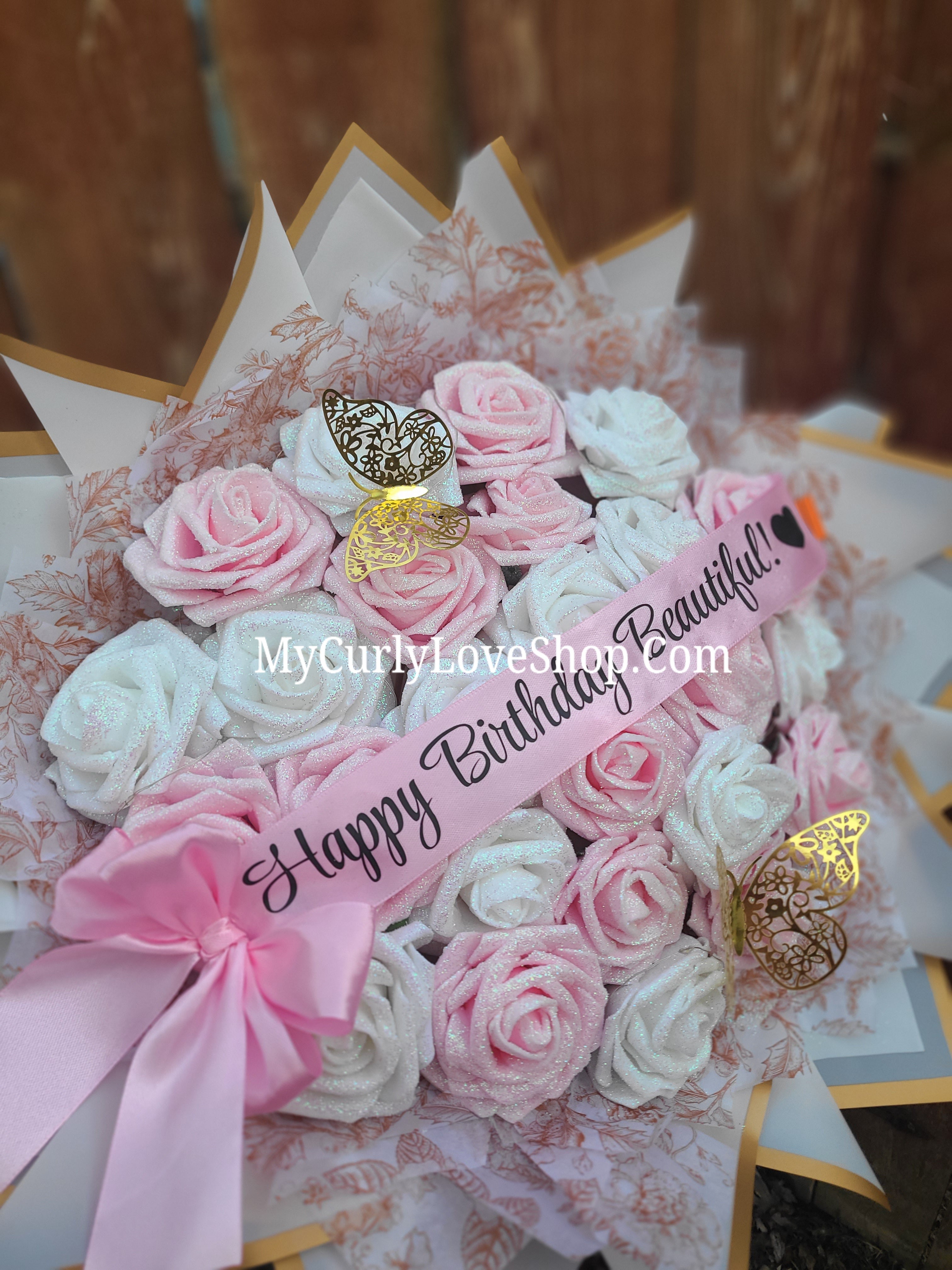 Floral Glitter Roses Bouquet. Comes with two gold butterflies. Banner and Lights are additional. See selection.