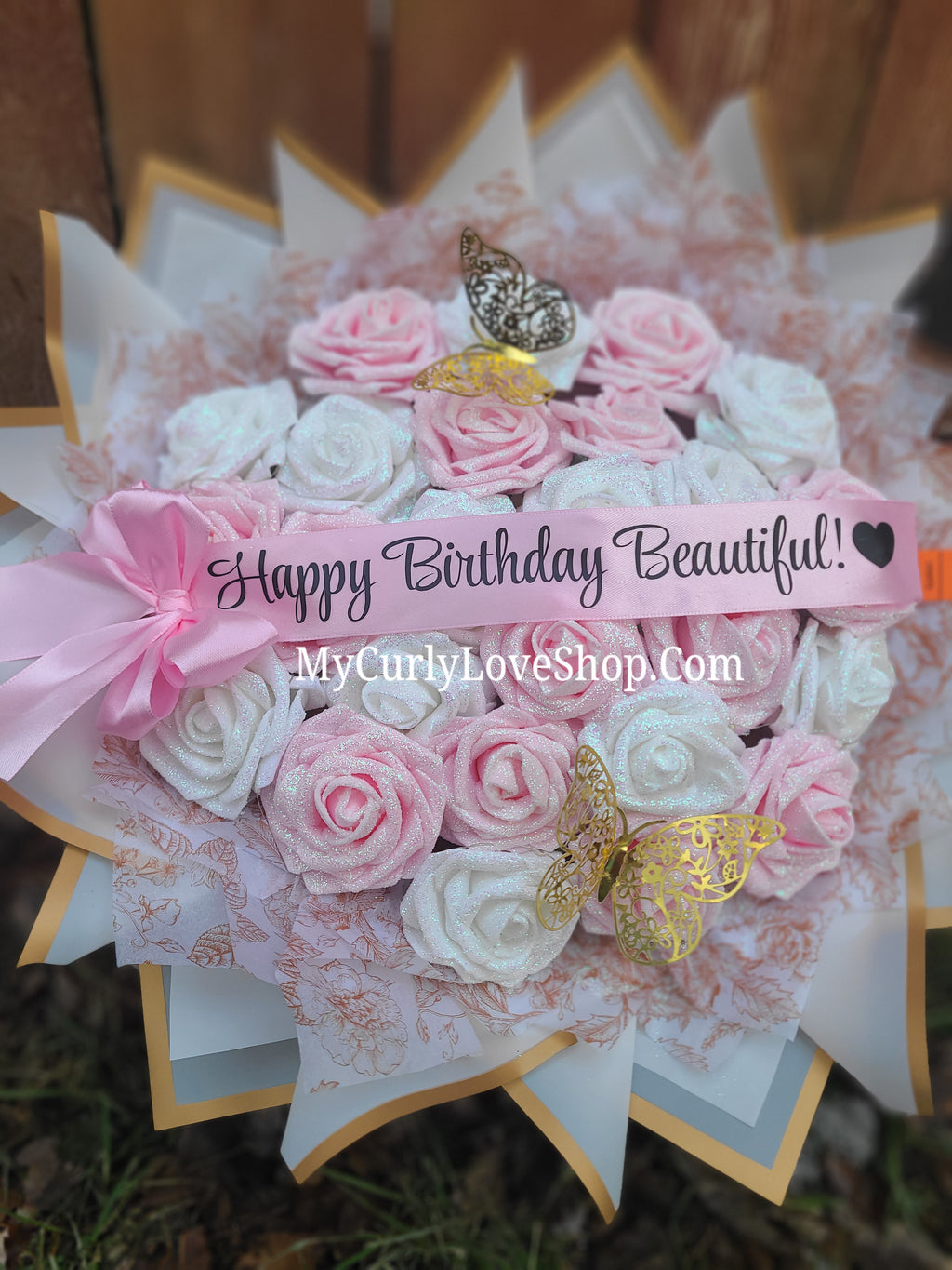 Floral Glitter Roses Bouquet. Comes with two gold butterflies. Banner and Lights are additional. See selection.