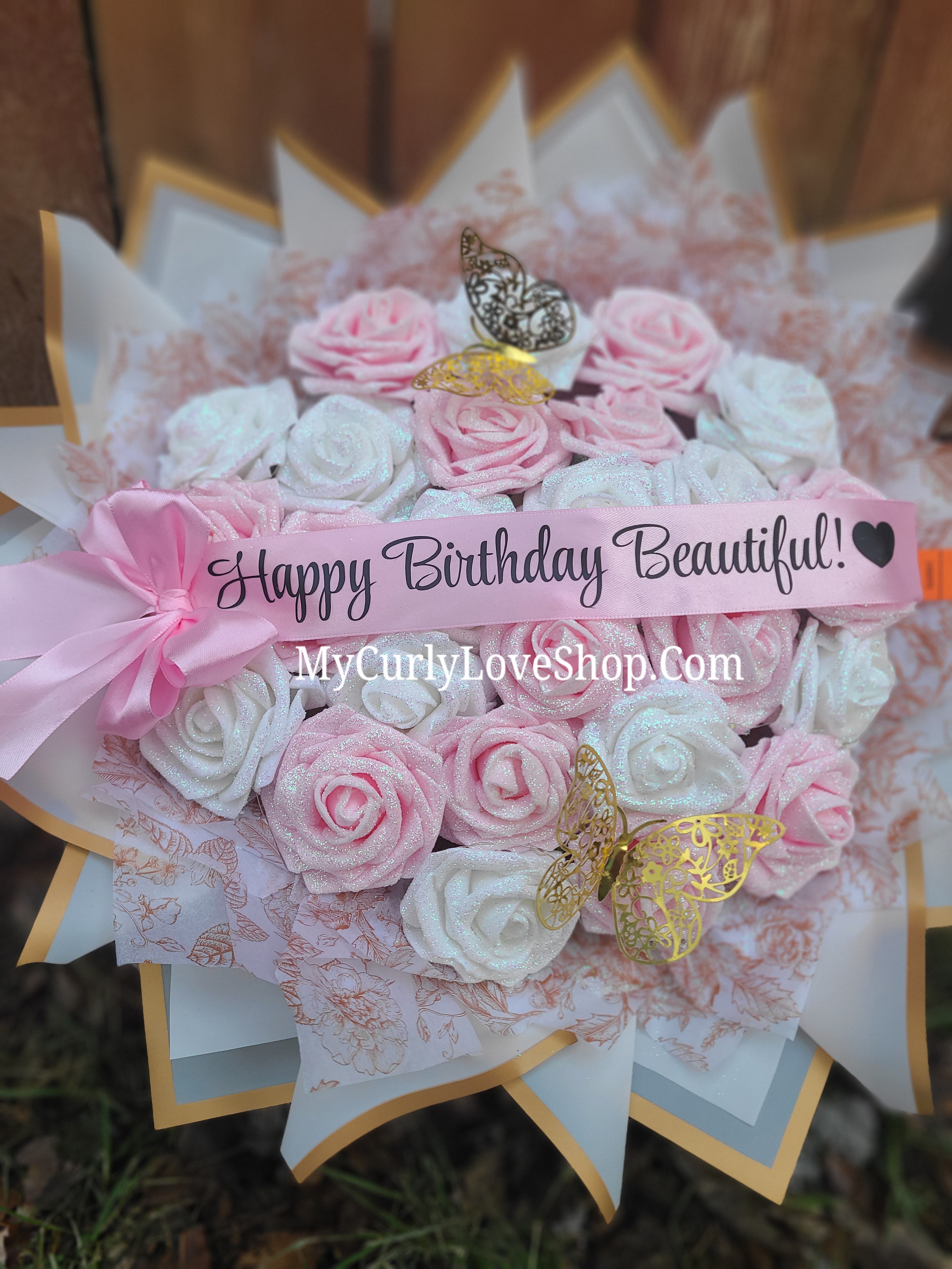 Floral Glitter Roses Bouquet. Comes with two gold butterflies. Banner and Lights are additional. See selection.