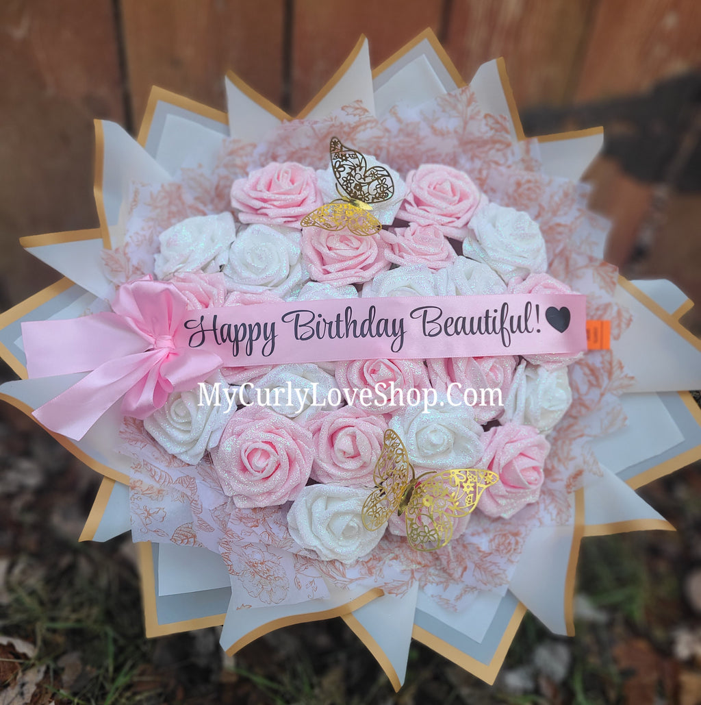 Floral Glitter Roses Bouquet. Comes with two gold butterflies. Banner and Lights are additional. See selection.