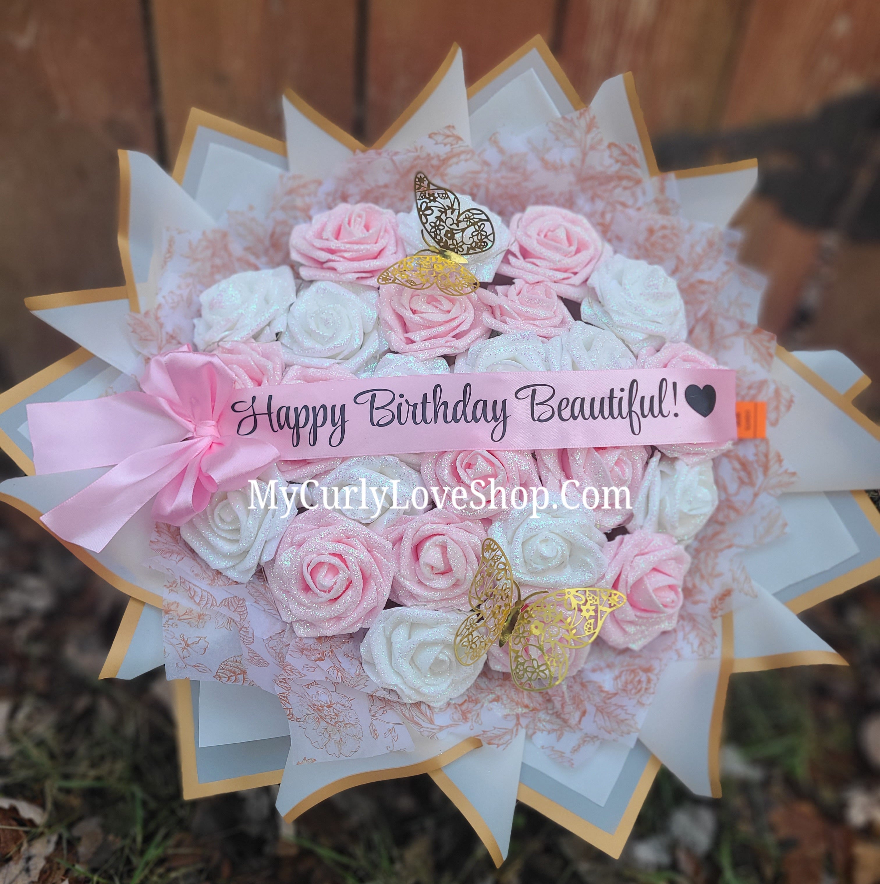 Floral Glitter Roses Bouquet. Comes with two gold butterflies. Banner and Lights are additional. See selection.