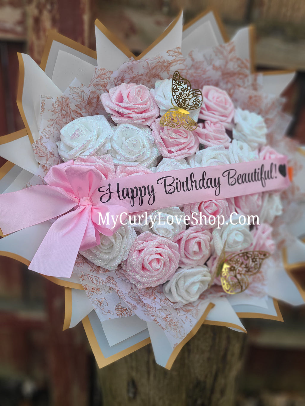 Floral Glitter Roses Bouquet. Comes with two gold butterflies. Banner and Lights are additional. See selection.