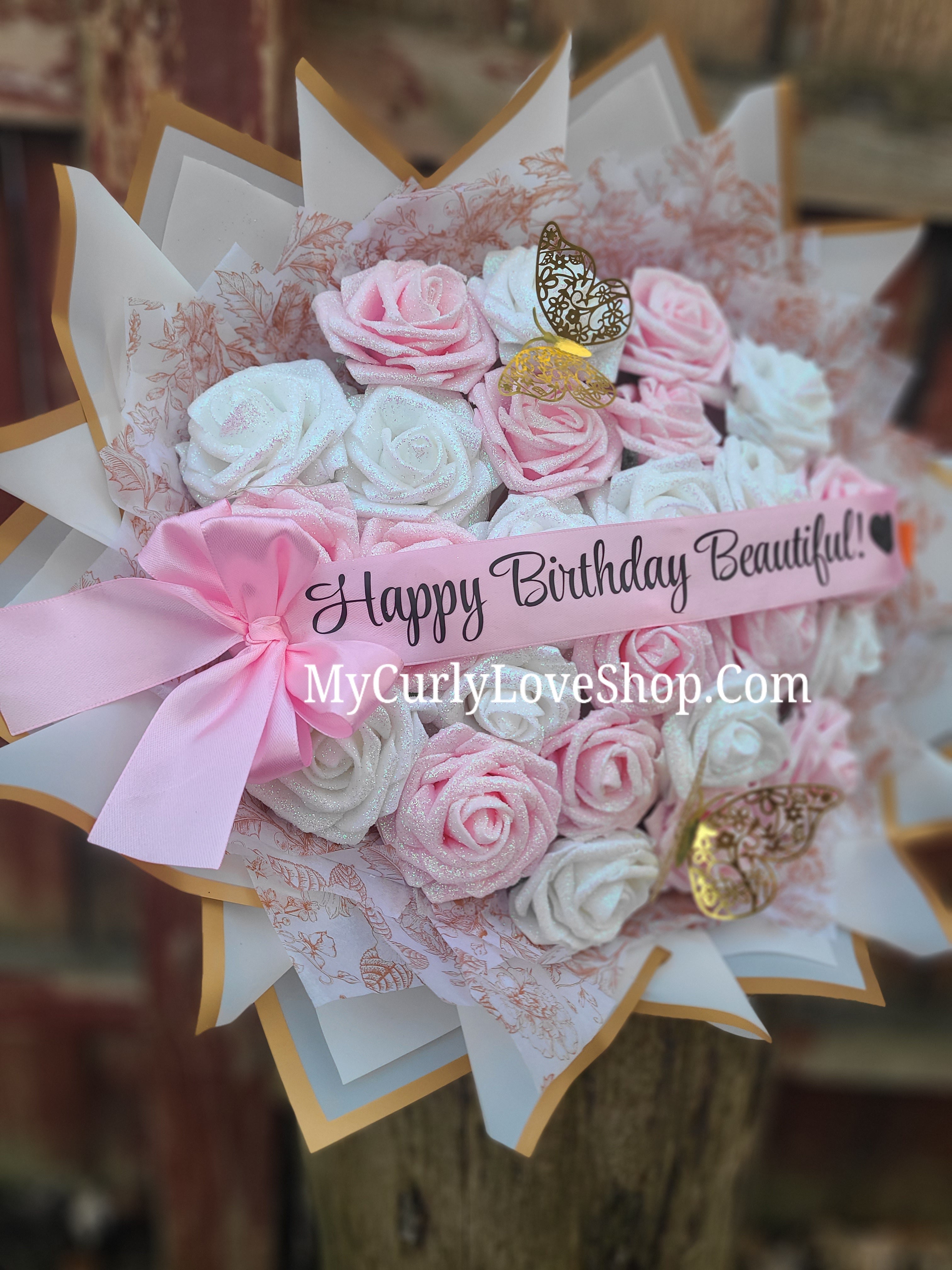 Floral Glitter Roses Bouquet. Comes with two gold butterflies. Banner and Lights are additional. See selection.