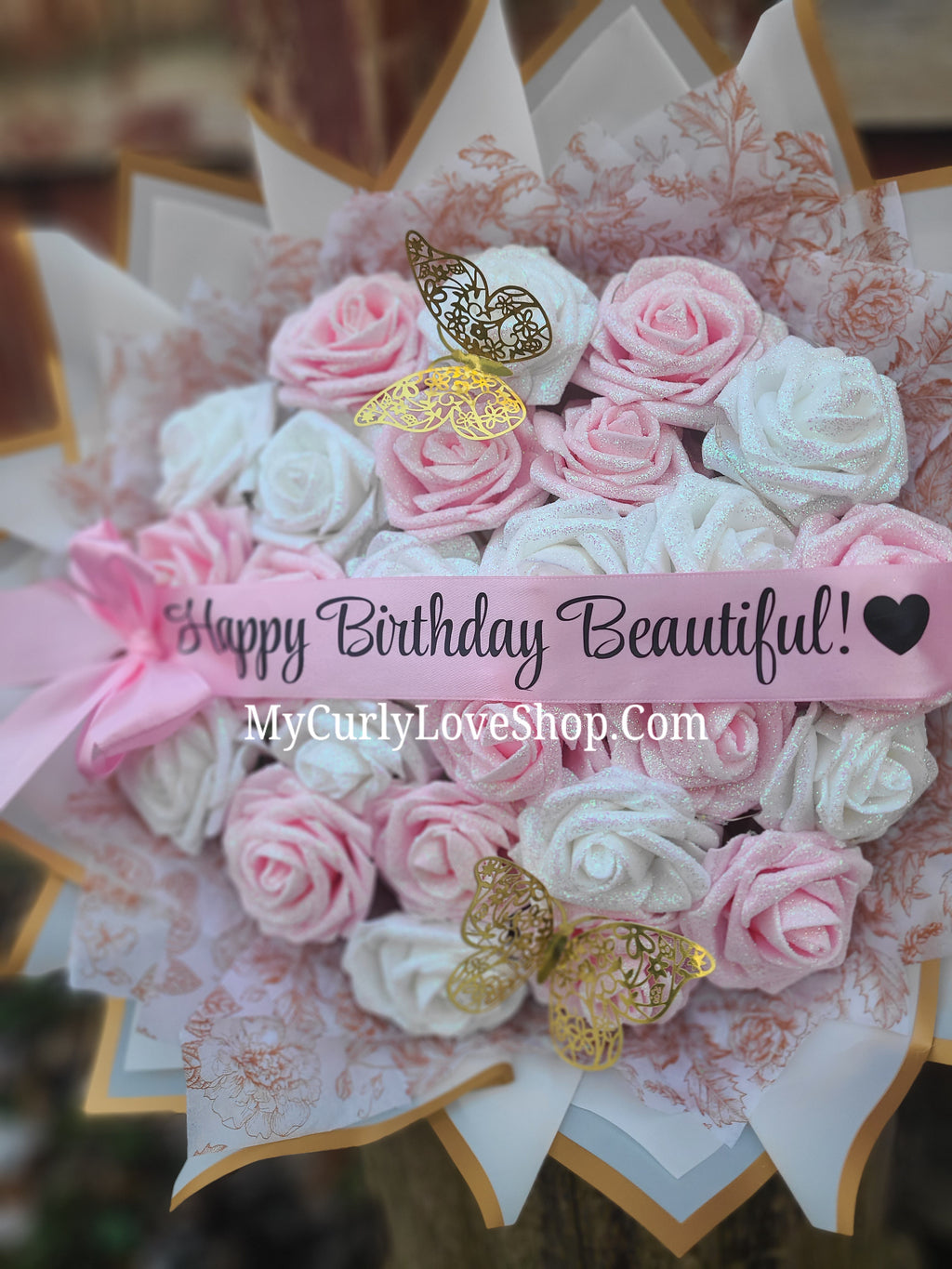 Floral Glitter Roses Bouquet. Comes with two gold butterflies. Banner and Lights are additional. See selection.