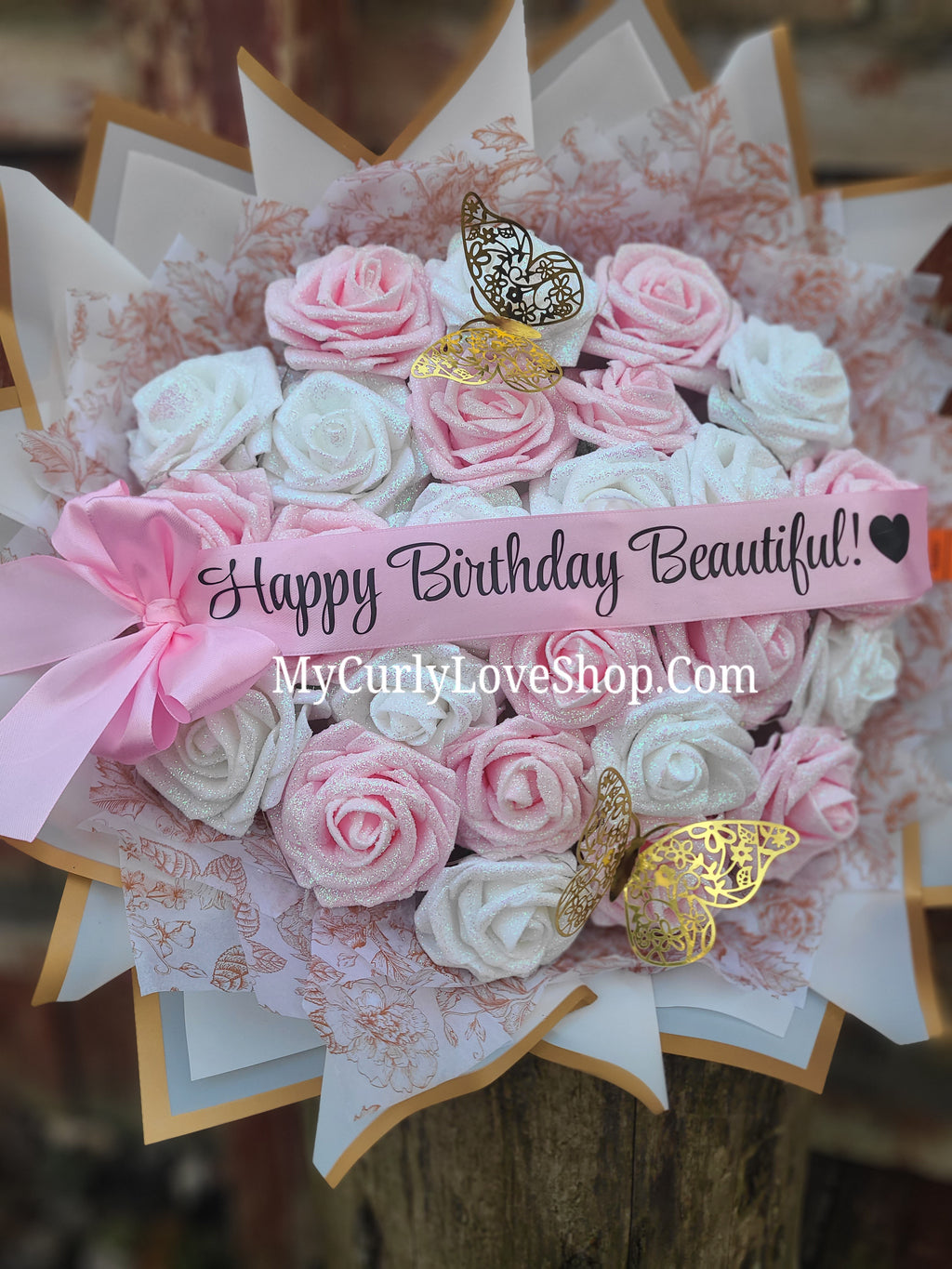 Floral Glitter Roses Bouquet. Comes with two gold butterflies. Banner and Lights are additional. See selection.