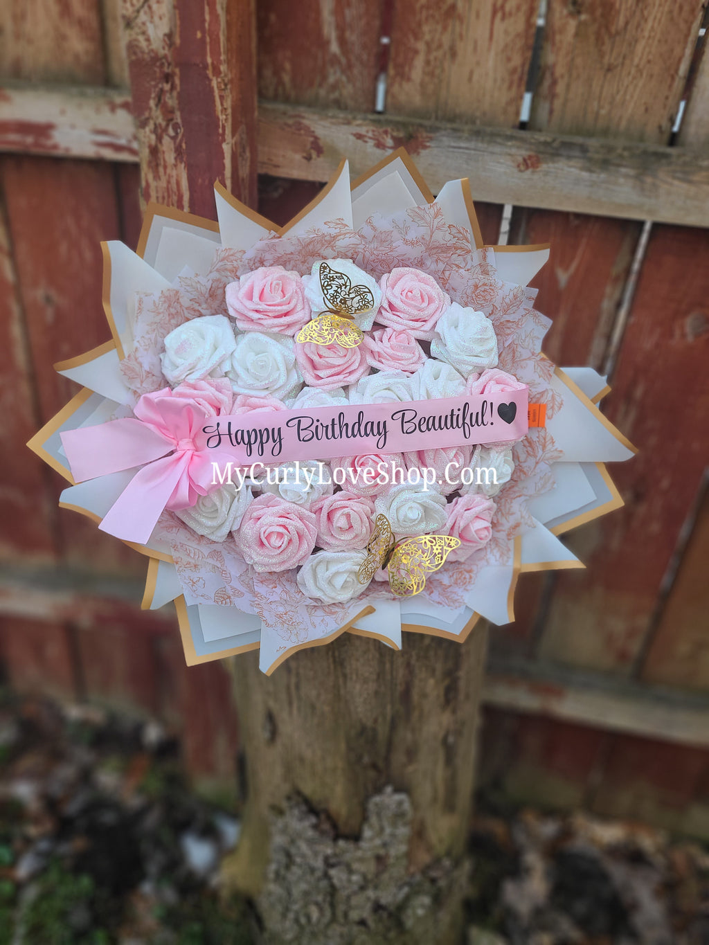 Floral Glitter Roses Bouquet. Comes with two gold butterflies. Banner and Lights are additional. See selection.