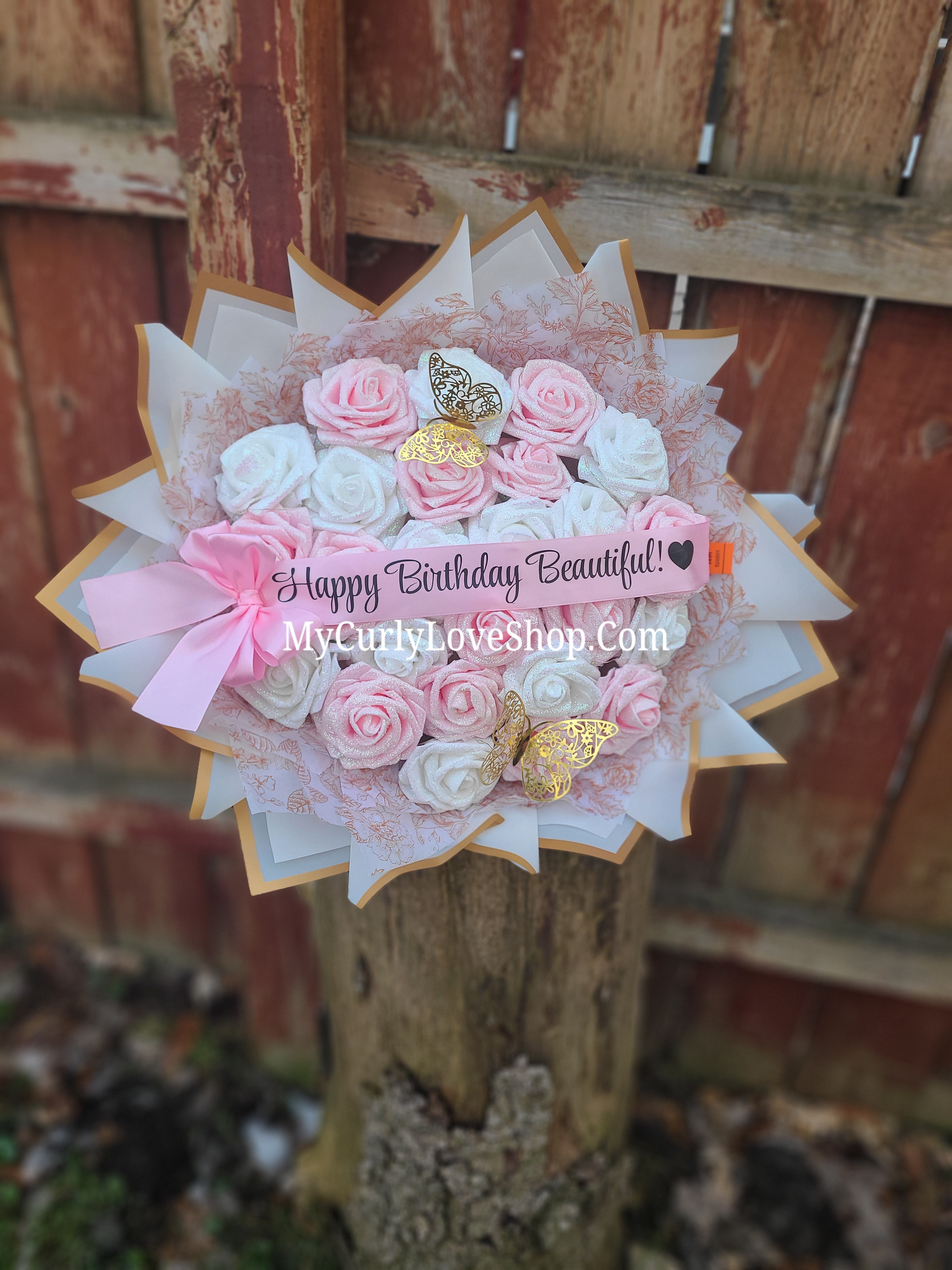Floral Glitter Roses Bouquet. Comes with two gold butterflies. Banner and Lights are additional. See selection.