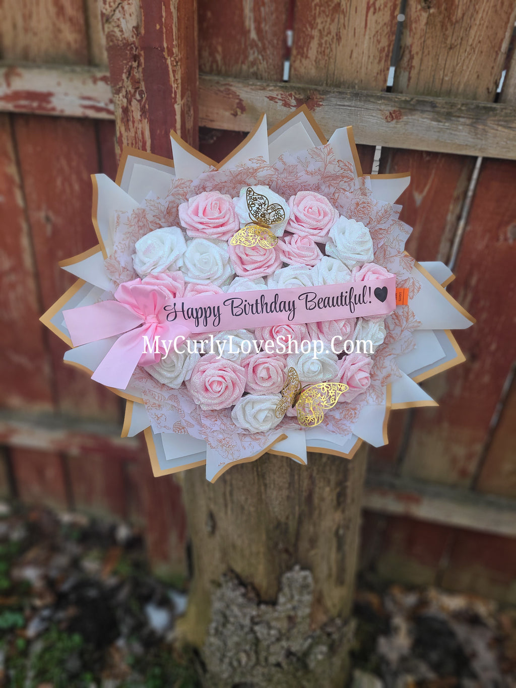 Floral Glitter Roses Bouquet. Comes with two gold butterflies. Banner and Lights are additional. See selection.