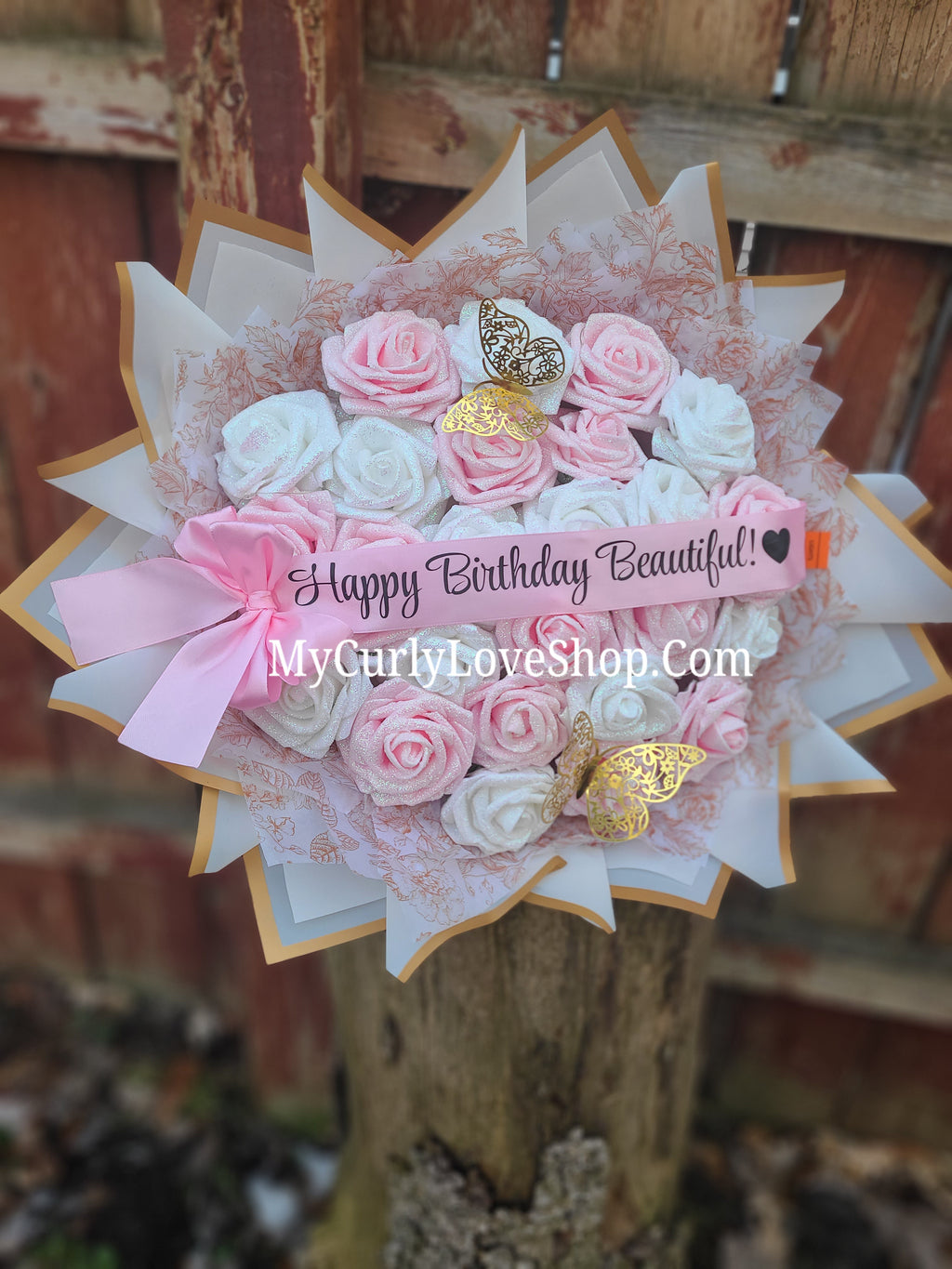 Floral Glitter Roses Bouquet. Comes with two gold butterflies. Banner and Lights are additional. See selection.