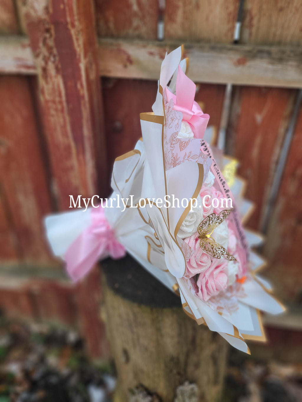 Floral Glitter Roses Bouquet. Comes with two gold butterflies. Banner and Lights are additional. See selection.