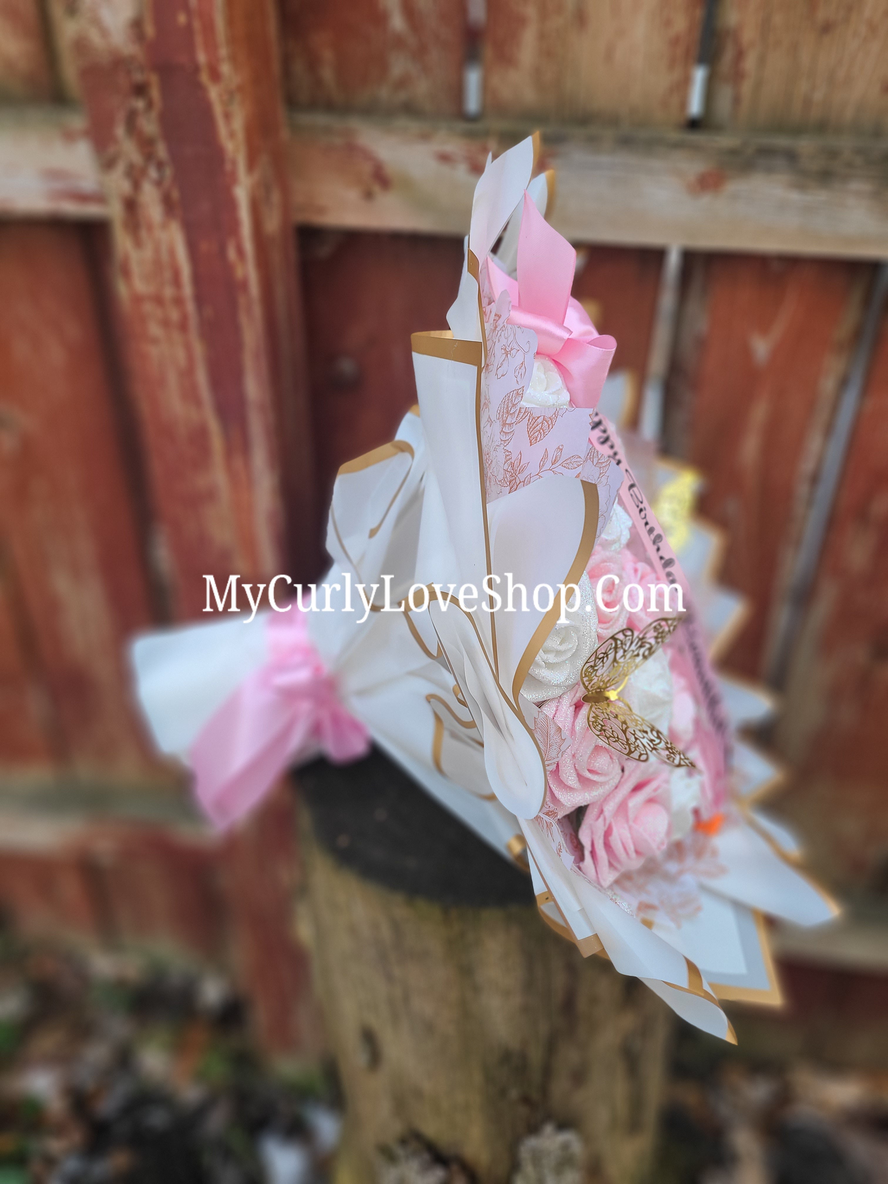 Floral Glitter Roses Bouquet. Comes with two gold butterflies. Banner and Lights are additional. See selection.