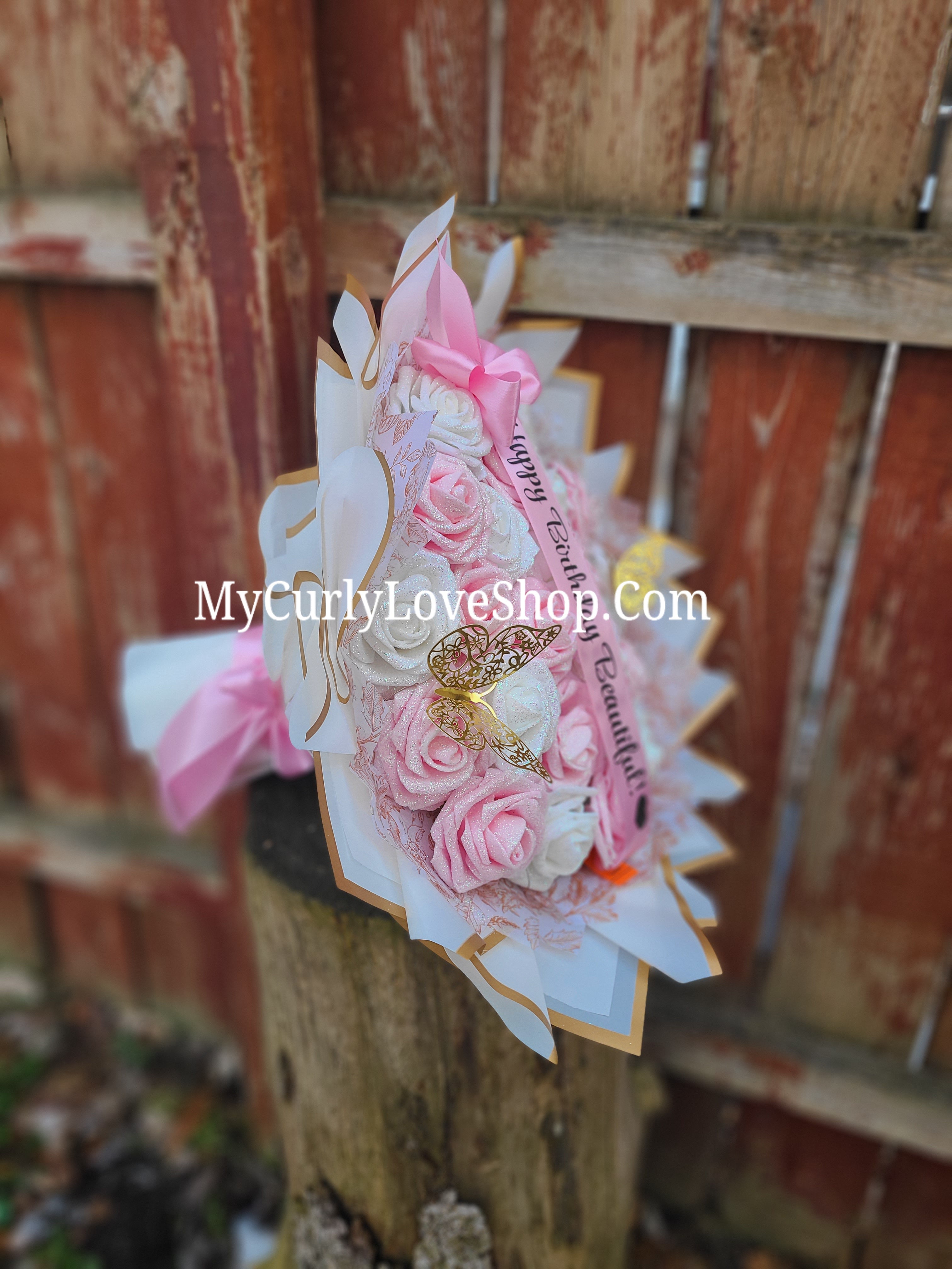 Floral Glitter Roses Bouquet. Comes with two gold butterflies. Banner and Lights are additional. See selection.