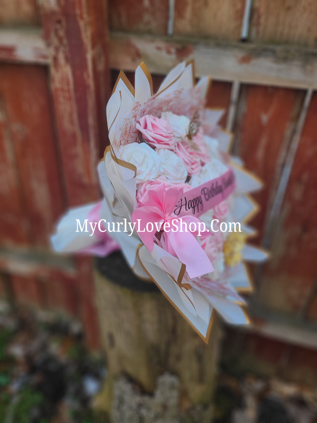 Floral Glitter Roses Bouquet. Comes with two gold butterflies. Banner and Lights are additional. See selection.