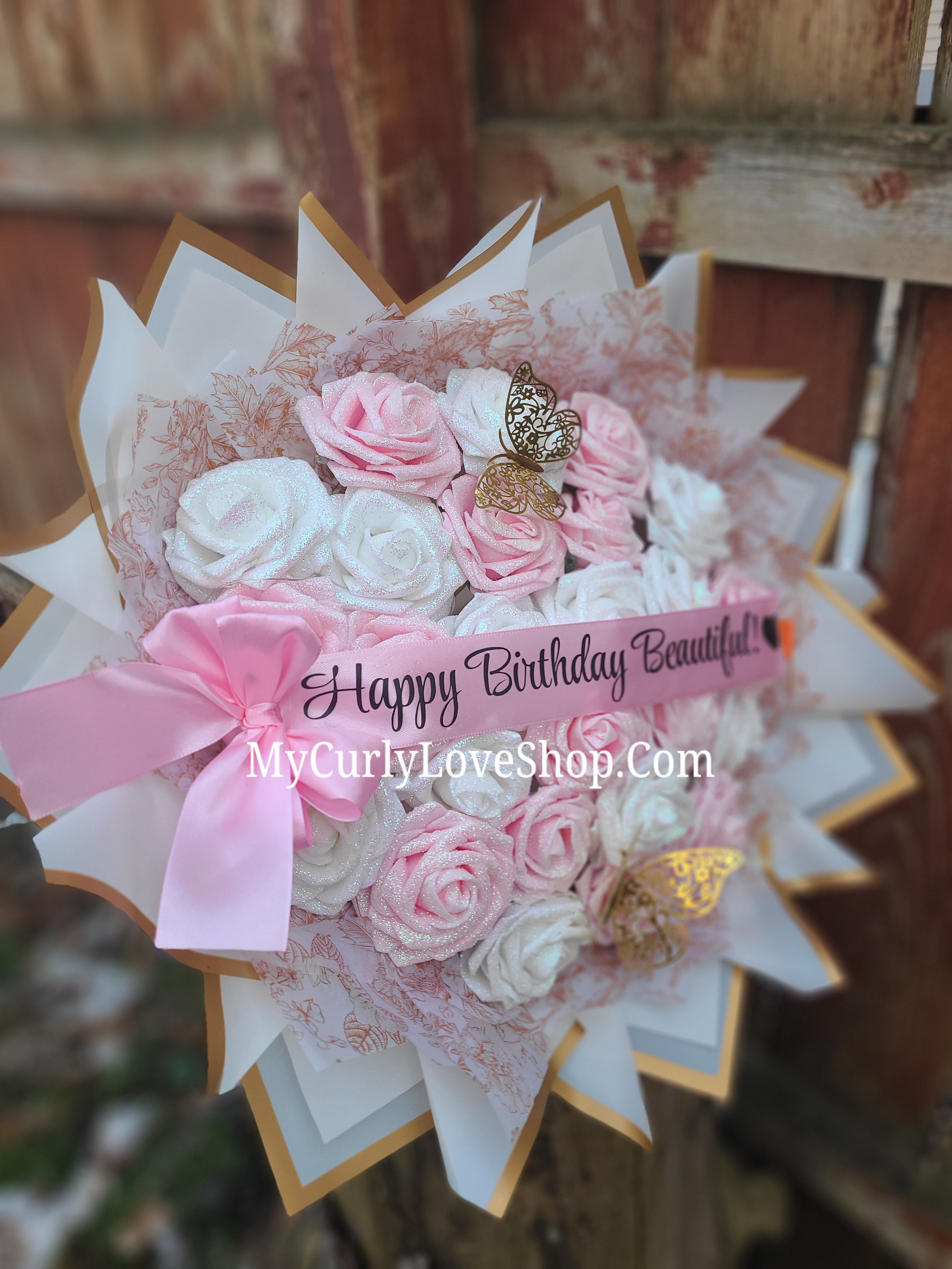 Floral Glitter Roses Bouquet. Comes with two gold butterflies. Banner and Lights are additional. See selection.