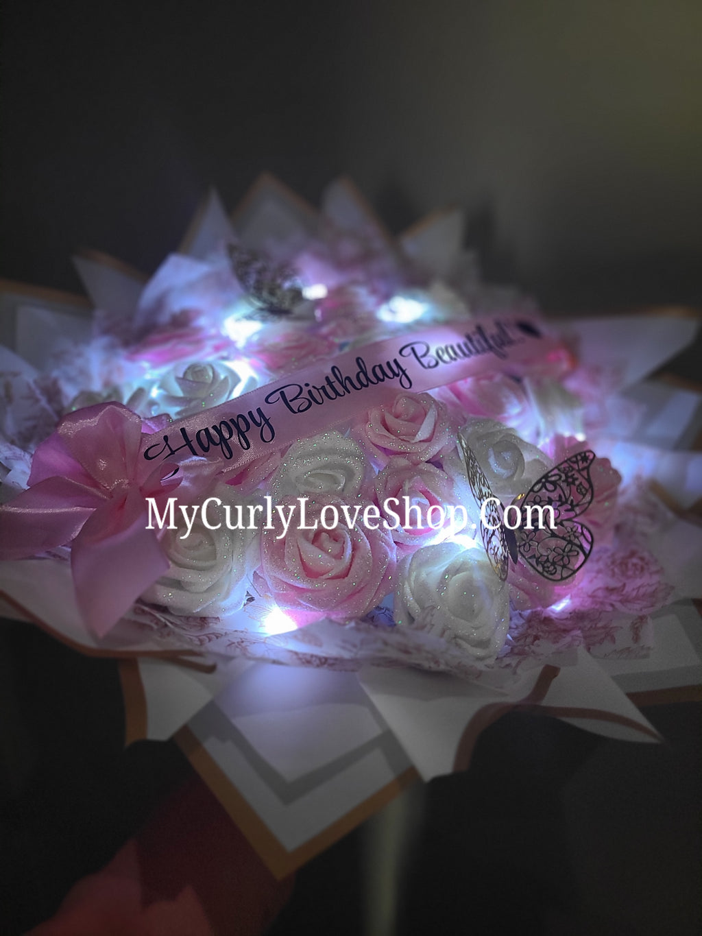 Floral Glitter Roses Bouquet. Comes with two gold butterflies. Banner and Lights are additional. See selection.
