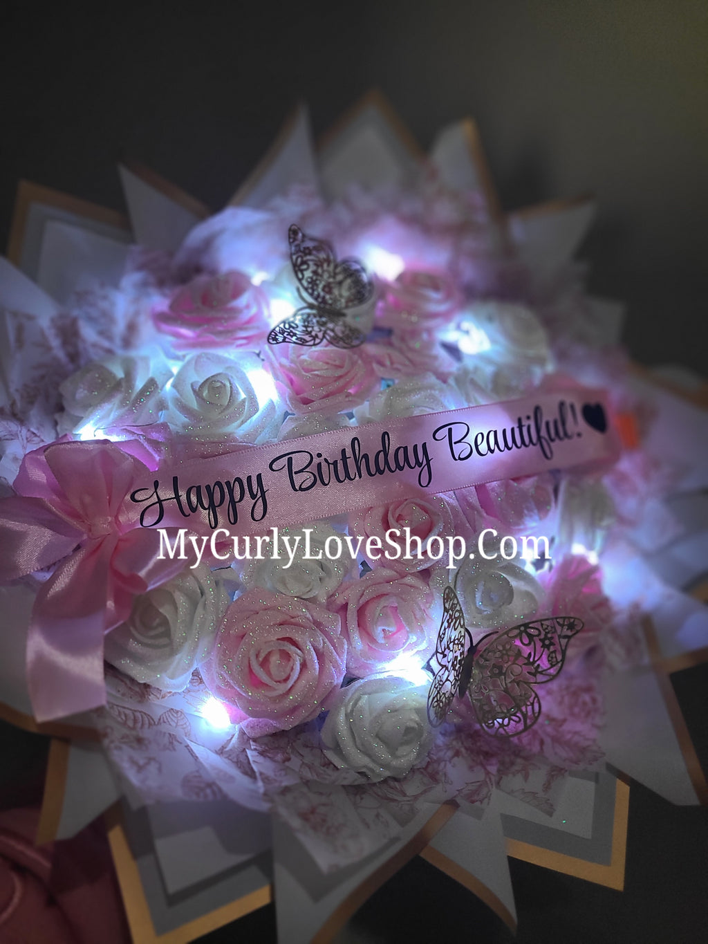 Floral Glitter Roses Bouquet. Comes with two gold butterflies. Banner and Lights are additional. See selection.