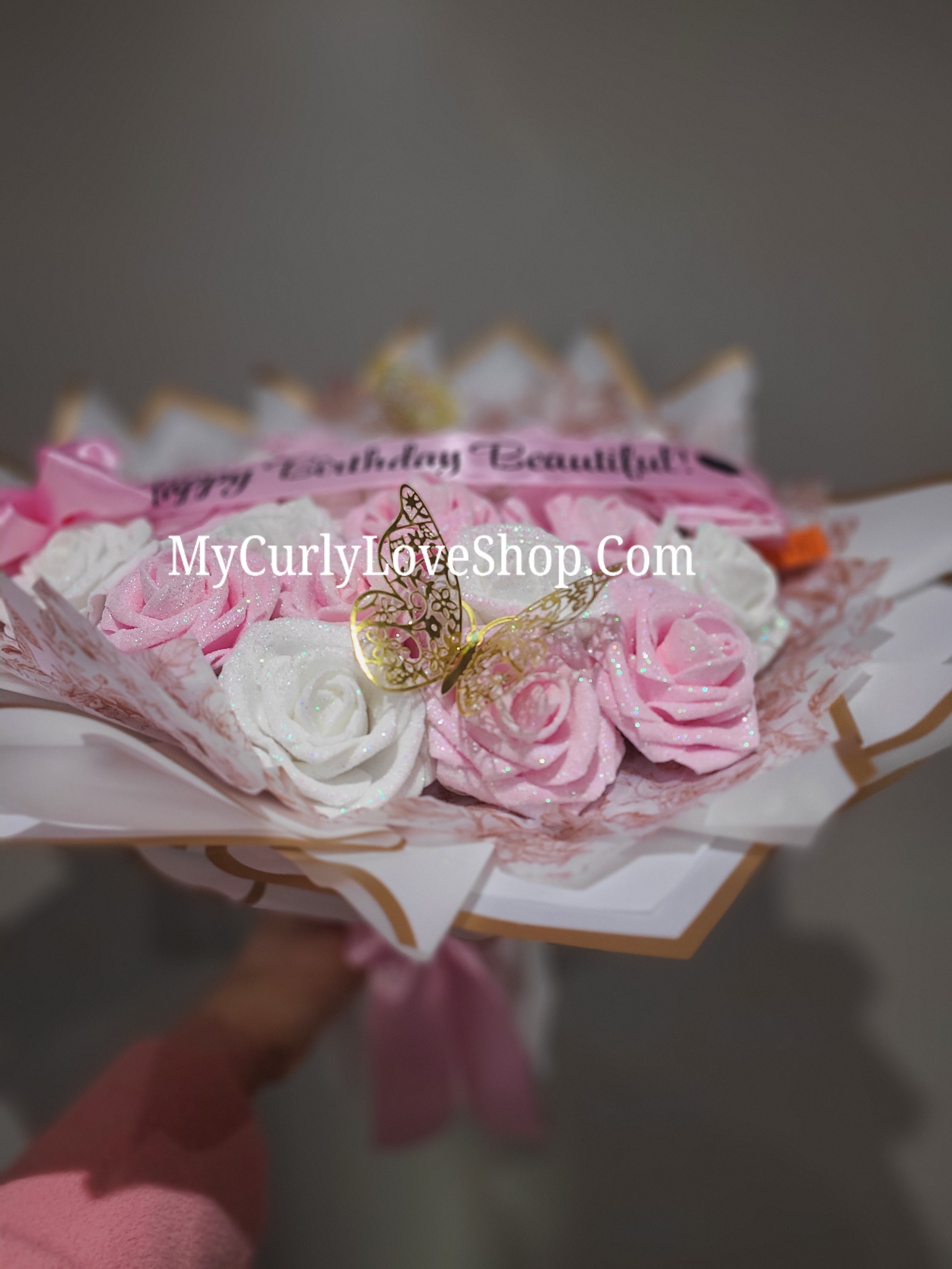 Floral Glitter Roses Bouquet. Comes with two gold butterflies. Banner and Lights are additional. See selection.