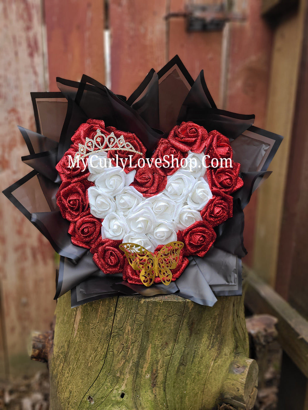 Heart Shaped Glitter Roses Bouquet. Tiara and Butterfly Included. Banner and Lights are additional.