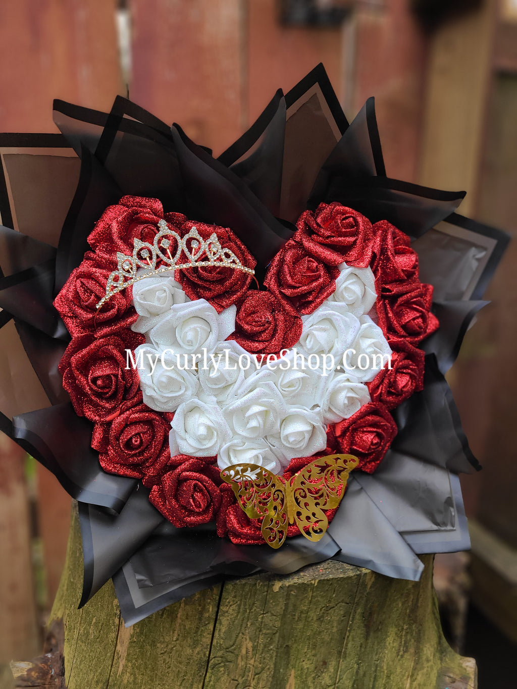 Heart Shaped Glitter Roses Bouquet. Tiara and Butterfly Included. Banner and Lights are additional.