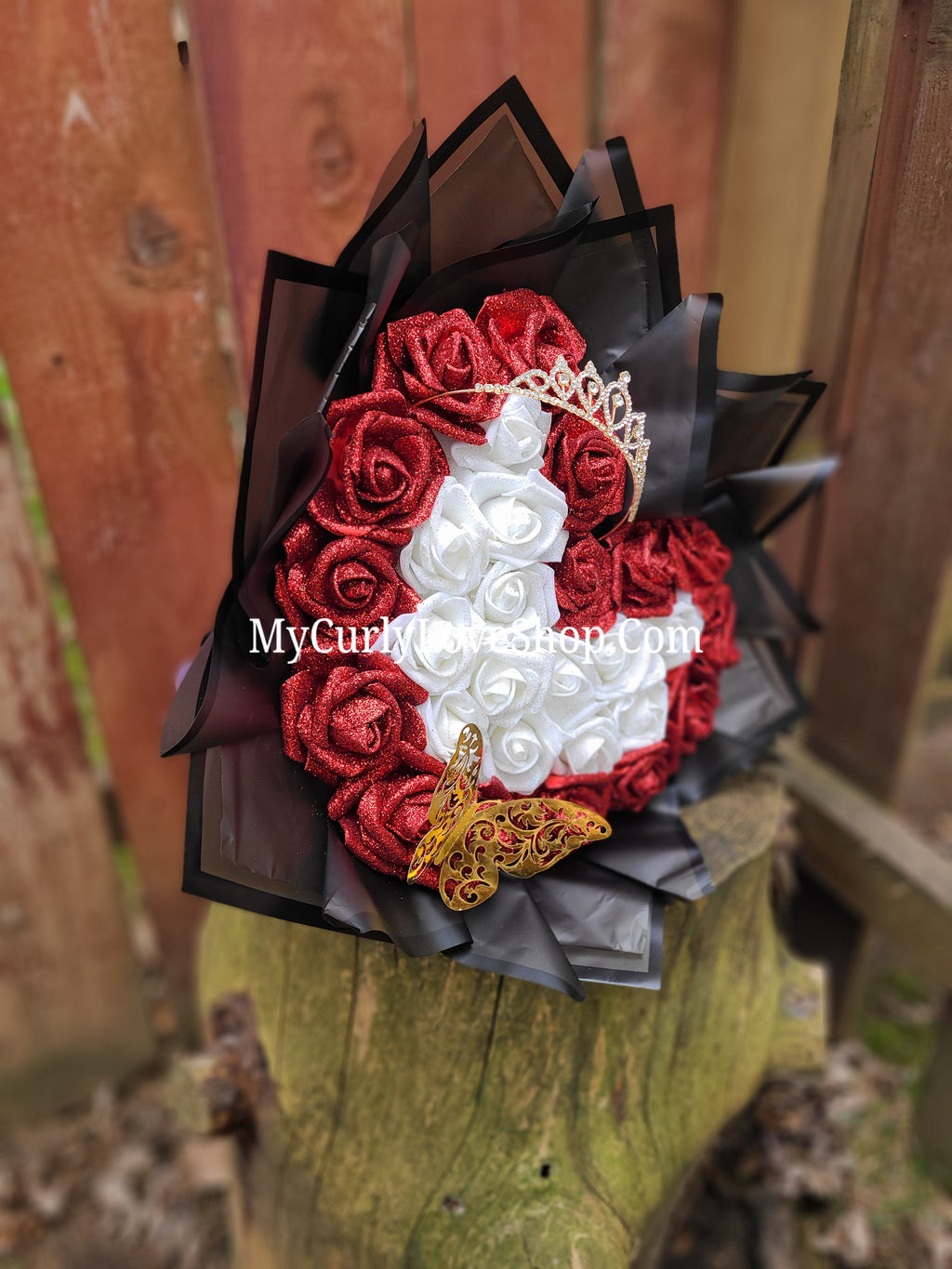 Heart Shaped Glitter Roses Bouquet. Tiara and Butterfly Included. Banner and Lights are additional.