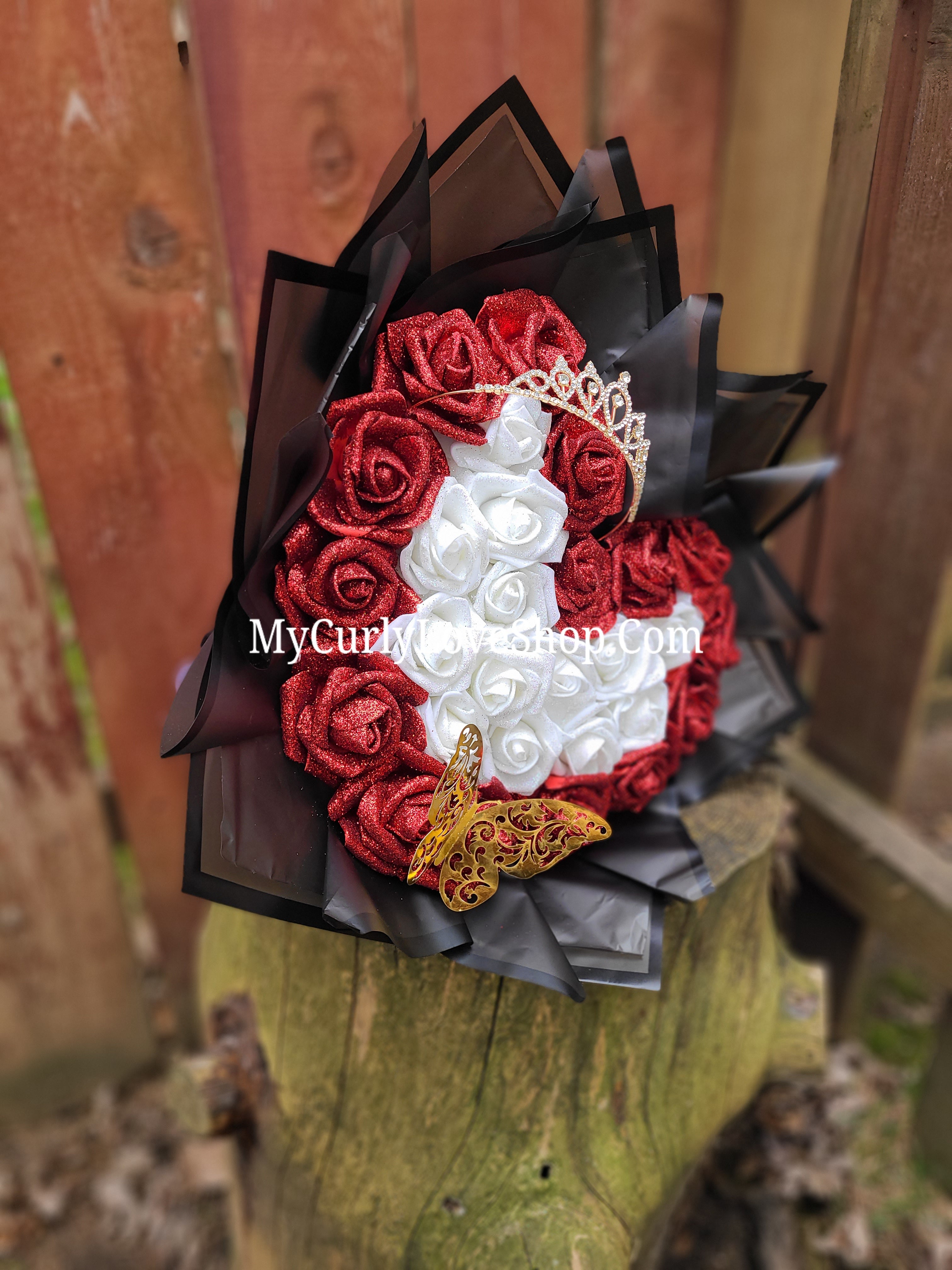 Heart Shaped Glitter Roses Bouquet. Tiara and Butterfly Included. Banner and Lights are additional.
