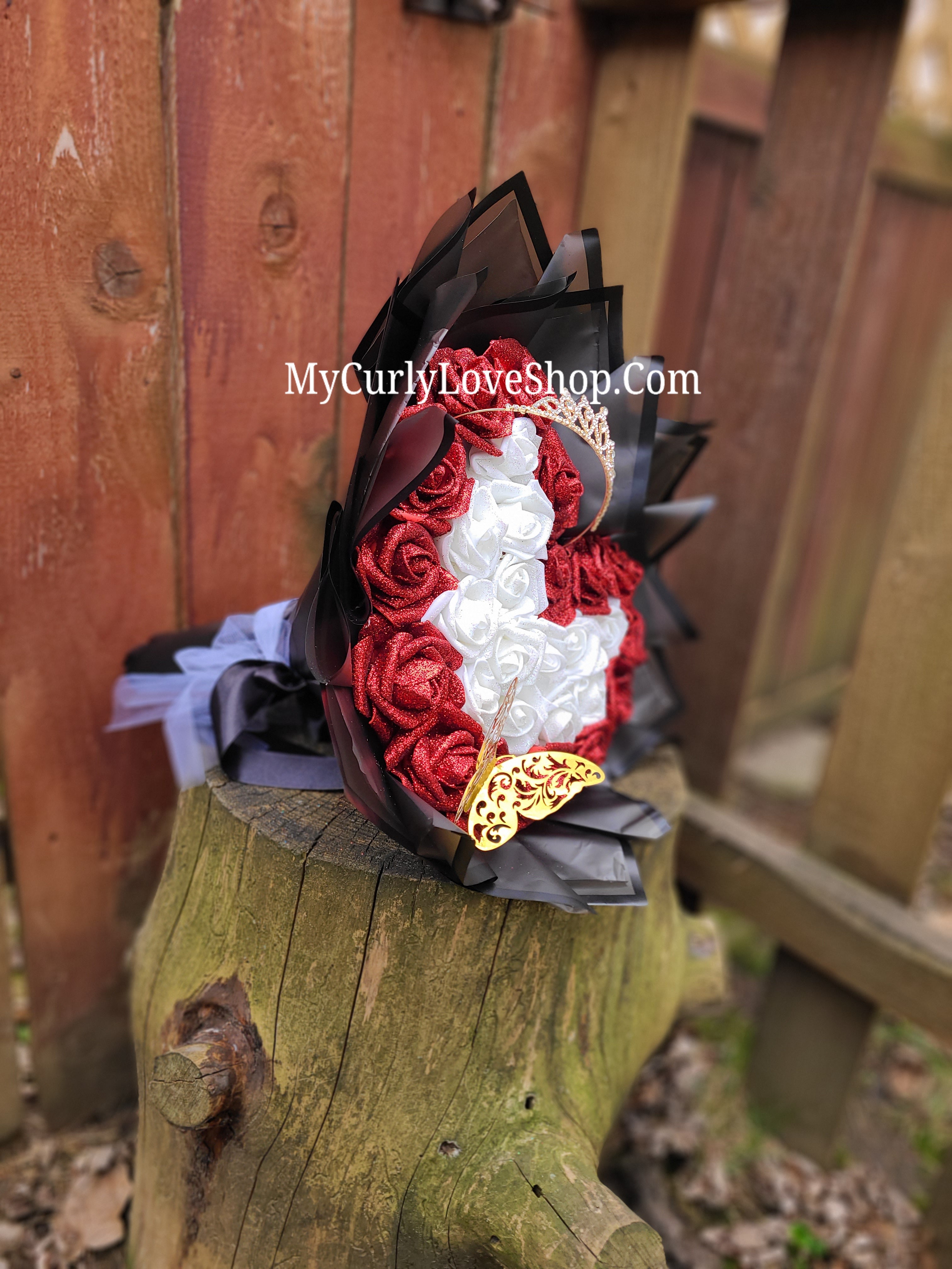 Heart Shaped Glitter Roses Bouquet. Tiara and Butterfly Included. Banner and Lights are additional.