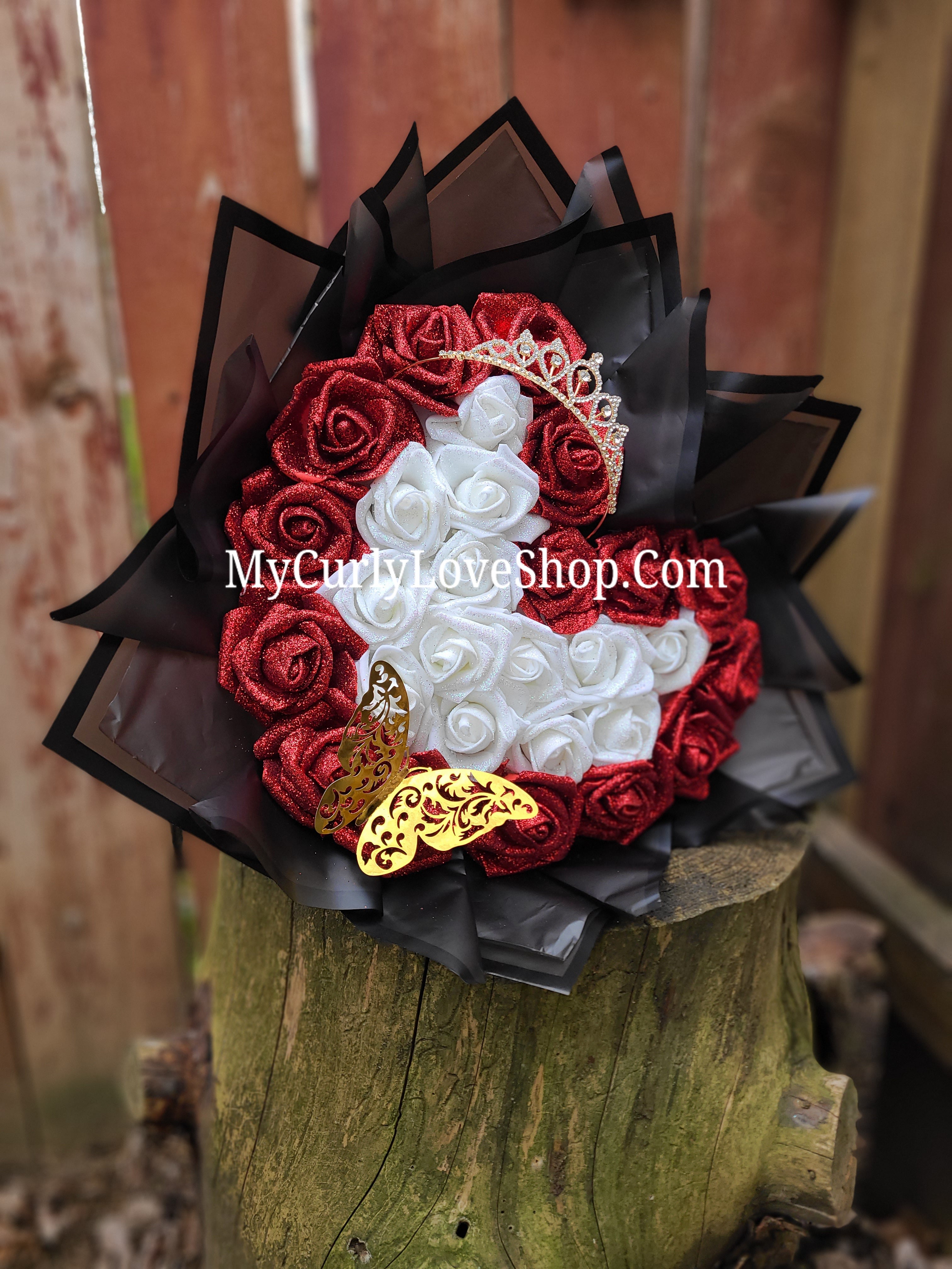 Heart Shaped Glitter Roses Bouquet. Tiara and Butterfly Included. Banner and Lights are additional.