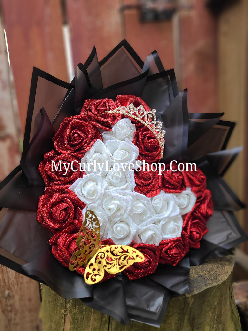 Heart Shaped Glitter Roses Bouquet. Tiara and Butterfly Included. Banner and Lights are additional.