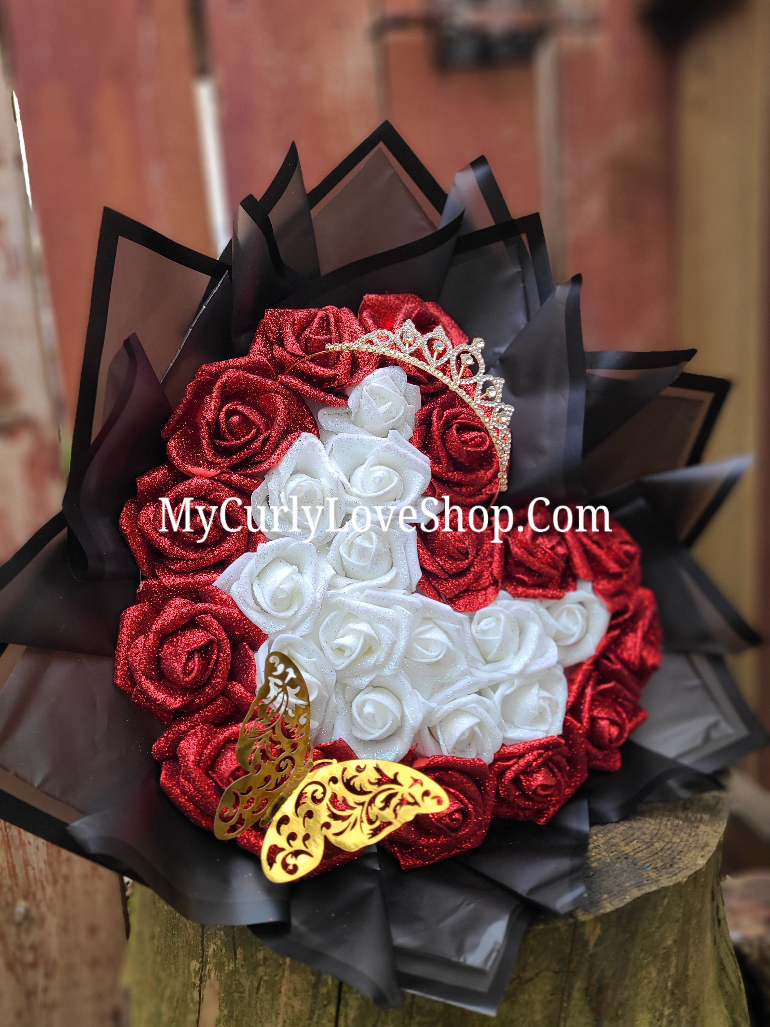 Heart Shaped Glitter Roses Bouquet. Tiara and Butterfly Included. Banner and Lights are additional.