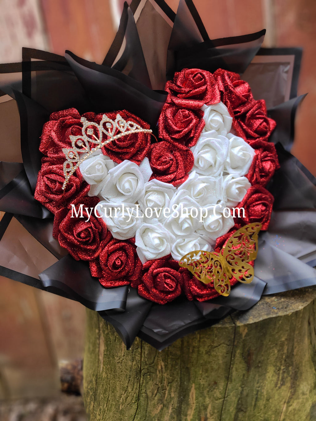Heart Shaped Glitter Roses Bouquet. Tiara and Butterfly Included. Banner and Lights are additional.