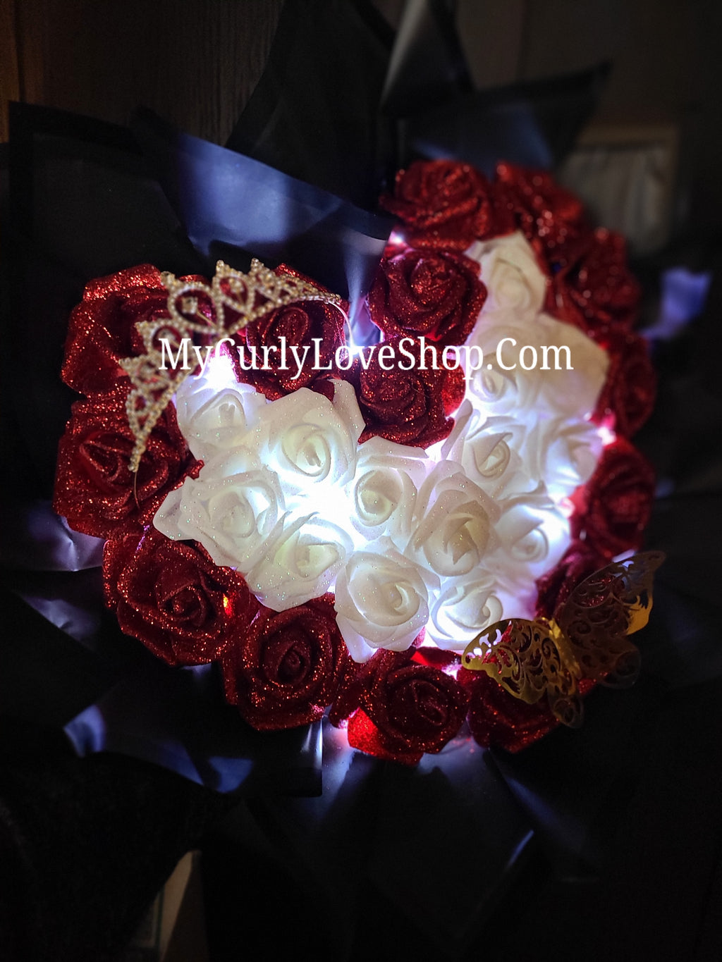 Heart Shaped Glitter Roses Bouquet. Tiara and Butterfly Included. Banner and Lights are additional.