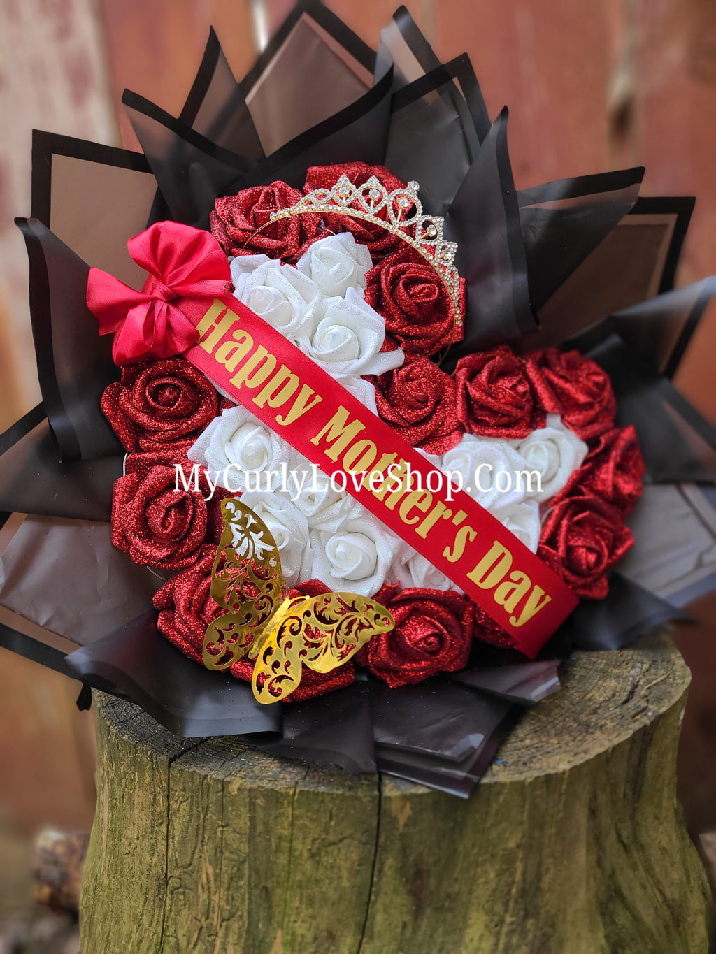 Heart Shaped Glitter Roses Bouquet. Tiara and Butterfly Included. Banner and Lights are additional.