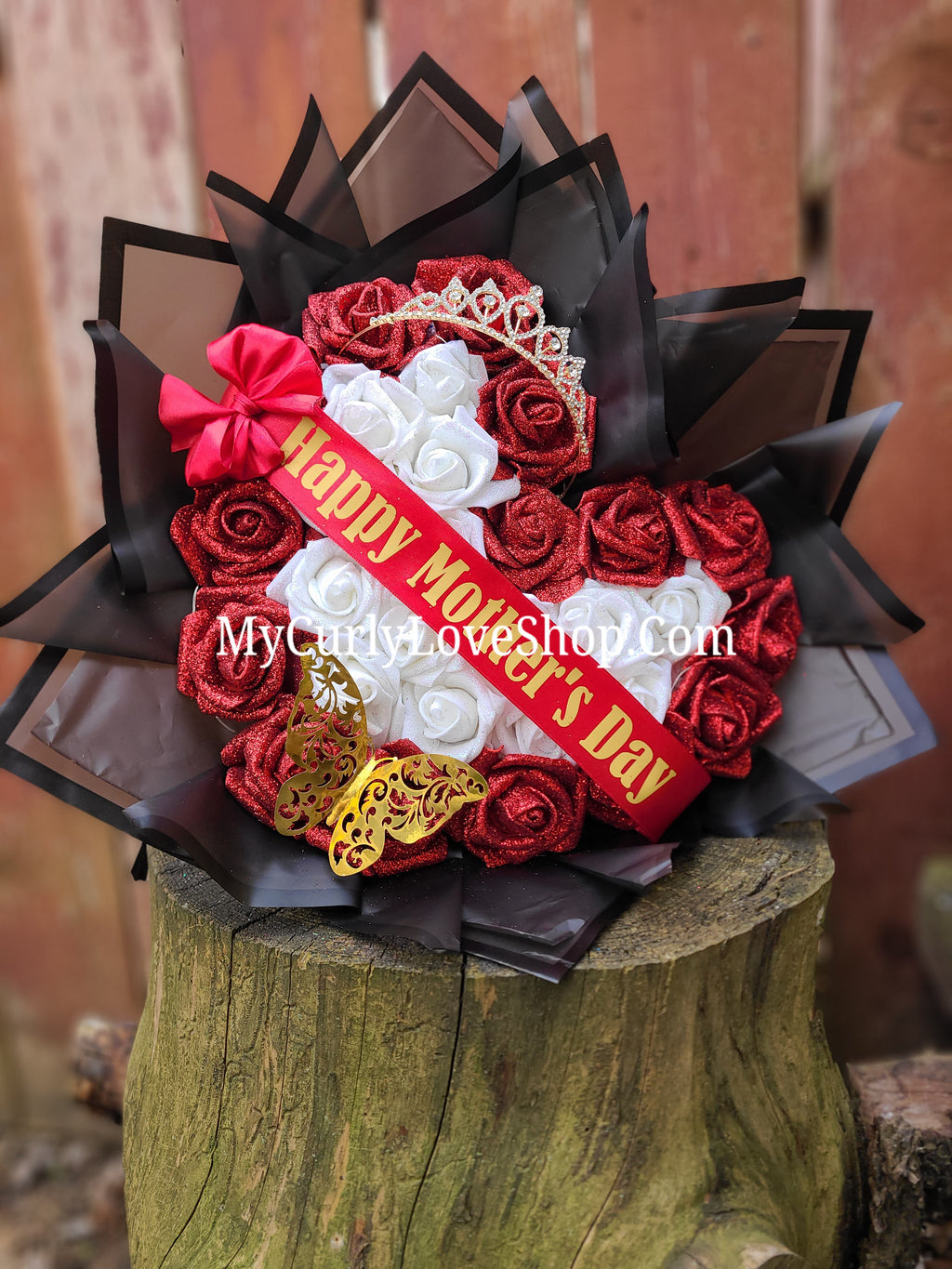Heart Shaped Glitter Roses Bouquet. Tiara and Butterfly Included. Banner and Lights are additional.