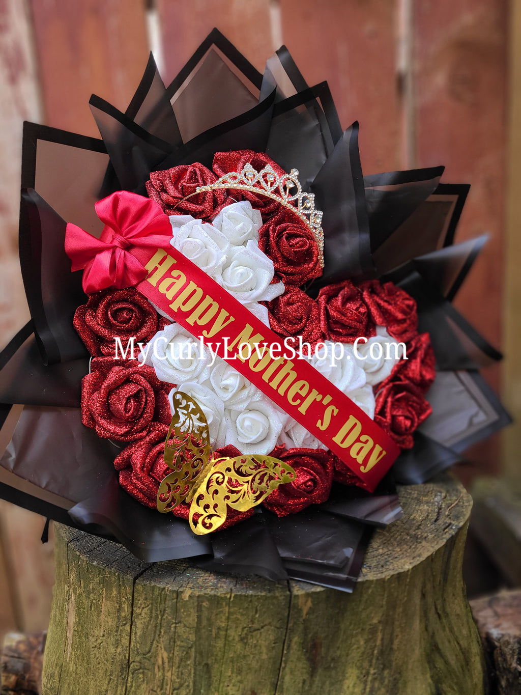 Heart Shaped Glitter Roses Bouquet. Tiara and Butterfly Included. Banner and Lights are additional.