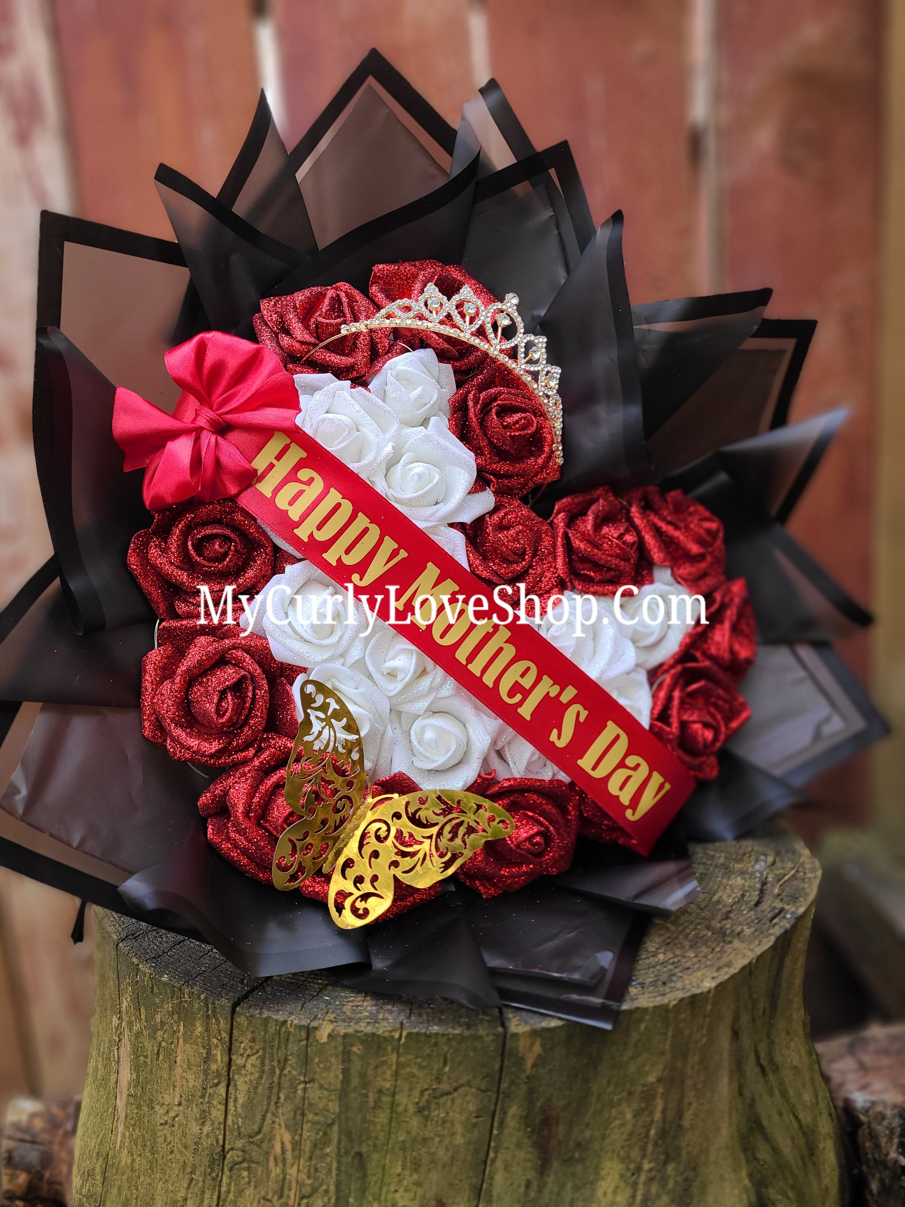 Heart Shaped Glitter Roses Bouquet. Tiara and Butterfly Included. Banner and Lights are additional.