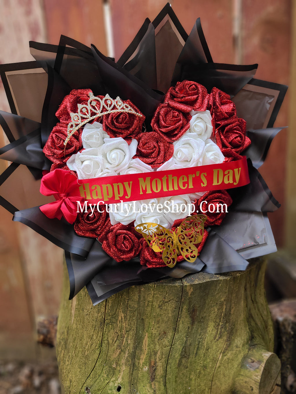 Heart Shaped Glitter Roses Bouquet. Tiara and Butterfly Included. Banner and Lights are additional.