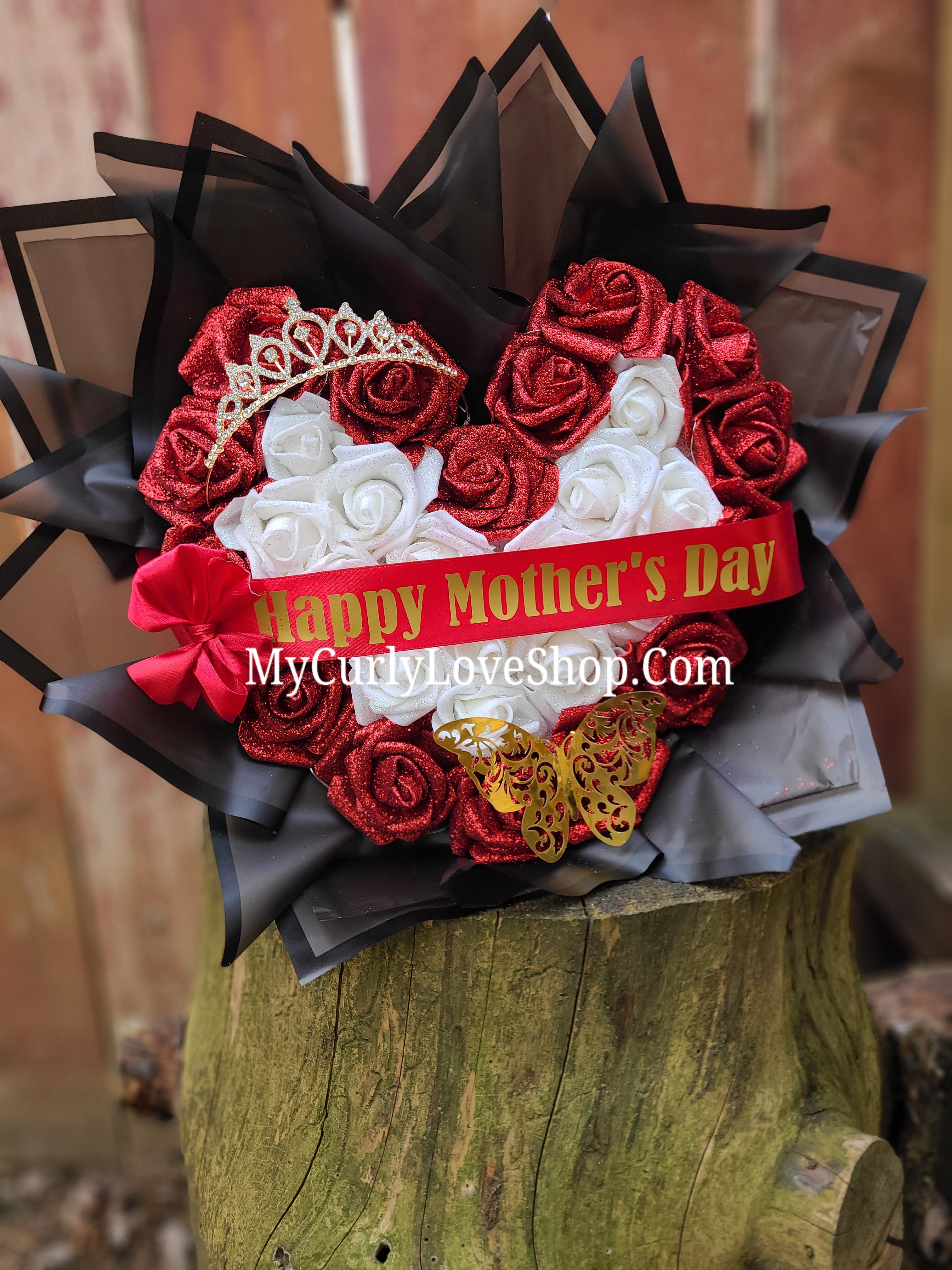 Heart Shaped Glitter Roses Bouquet. Tiara and Butterfly Included. Banner and Lights are additional.