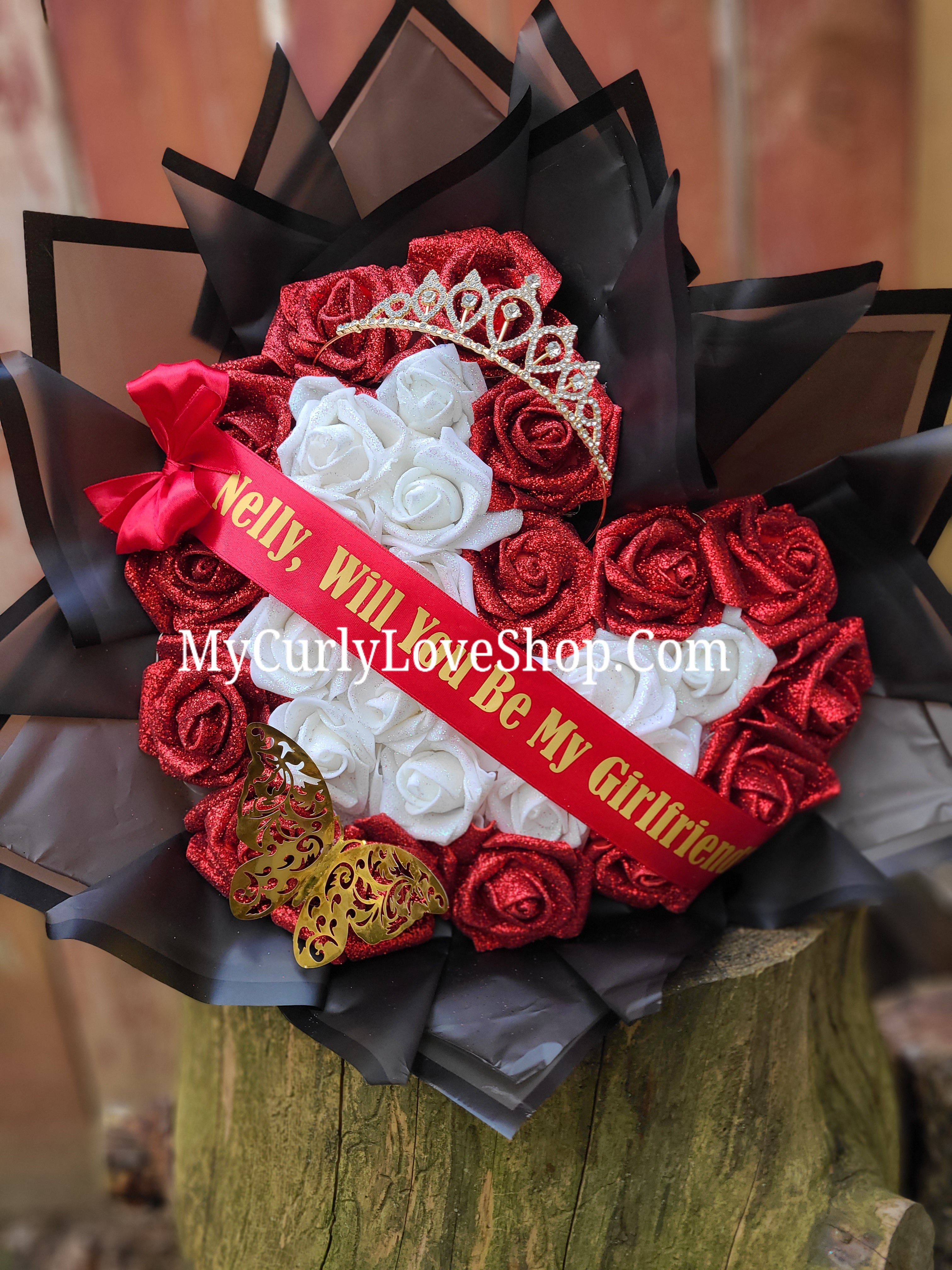 Heart Shaped Glitter Roses Bouquet. Tiara and Butterfly Included. Banner and Lights are additional.
