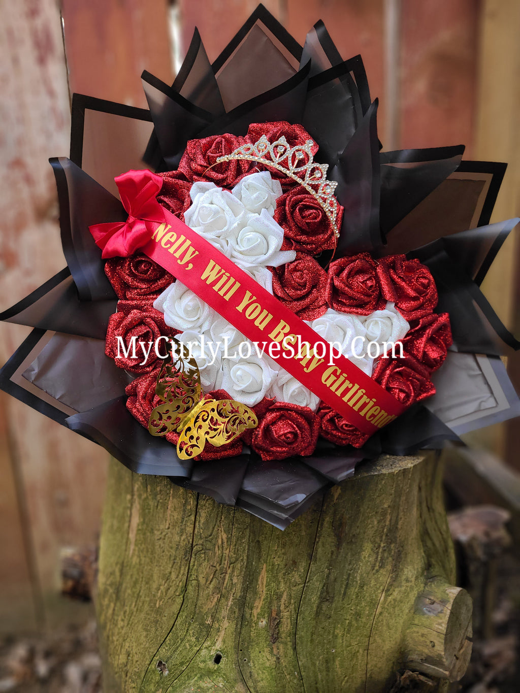 Heart Shaped Glitter Roses Bouquet. Tiara and Butterfly Included. Banner and Lights are additional.