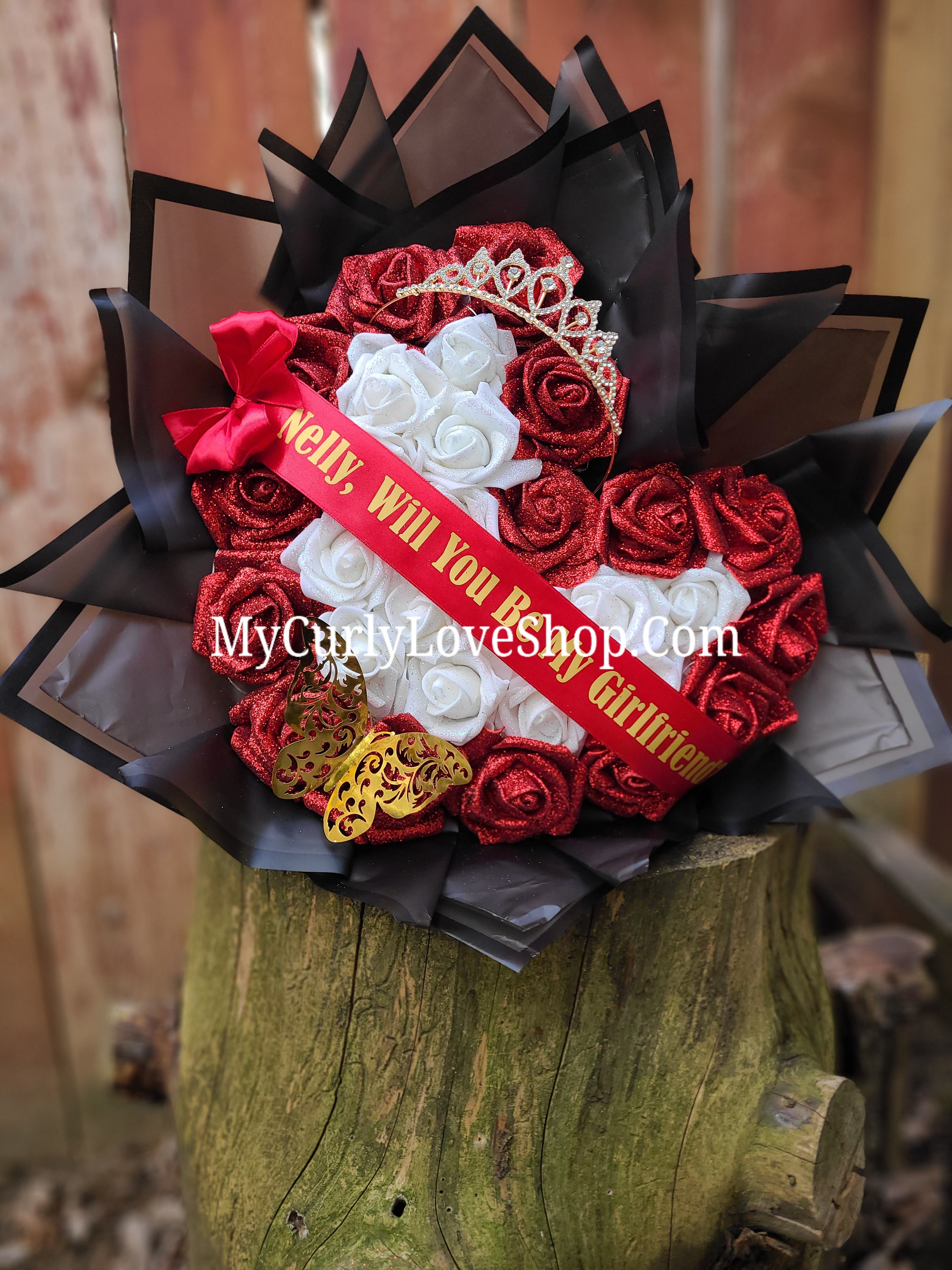 Heart Shaped Glitter Roses Bouquet. Tiara and Butterfly Included. Banner and Lights are additional.