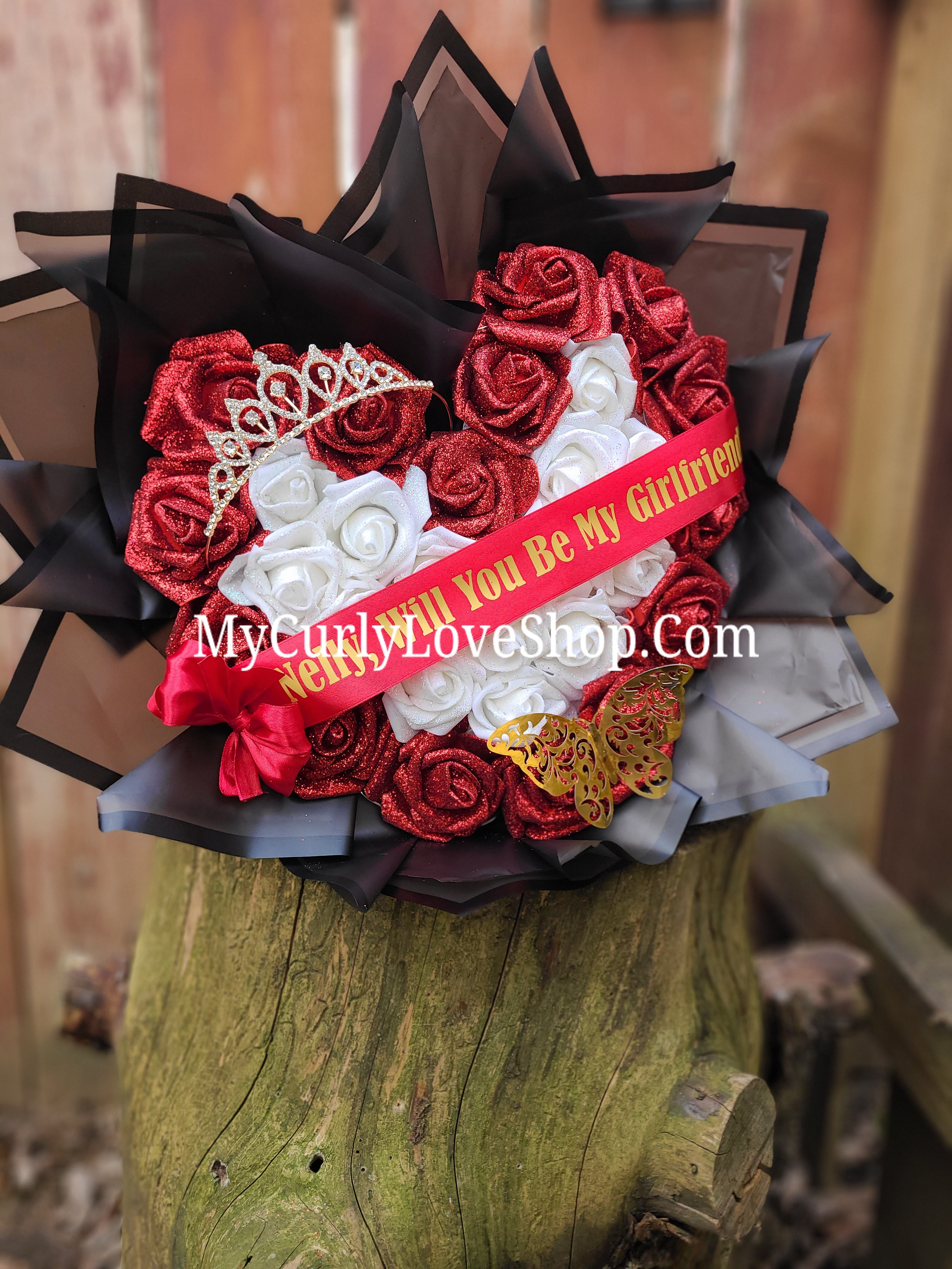 Heart Shaped Glitter Roses Bouquet. Tiara and Butterfly Included. Banner and Lights are additional.