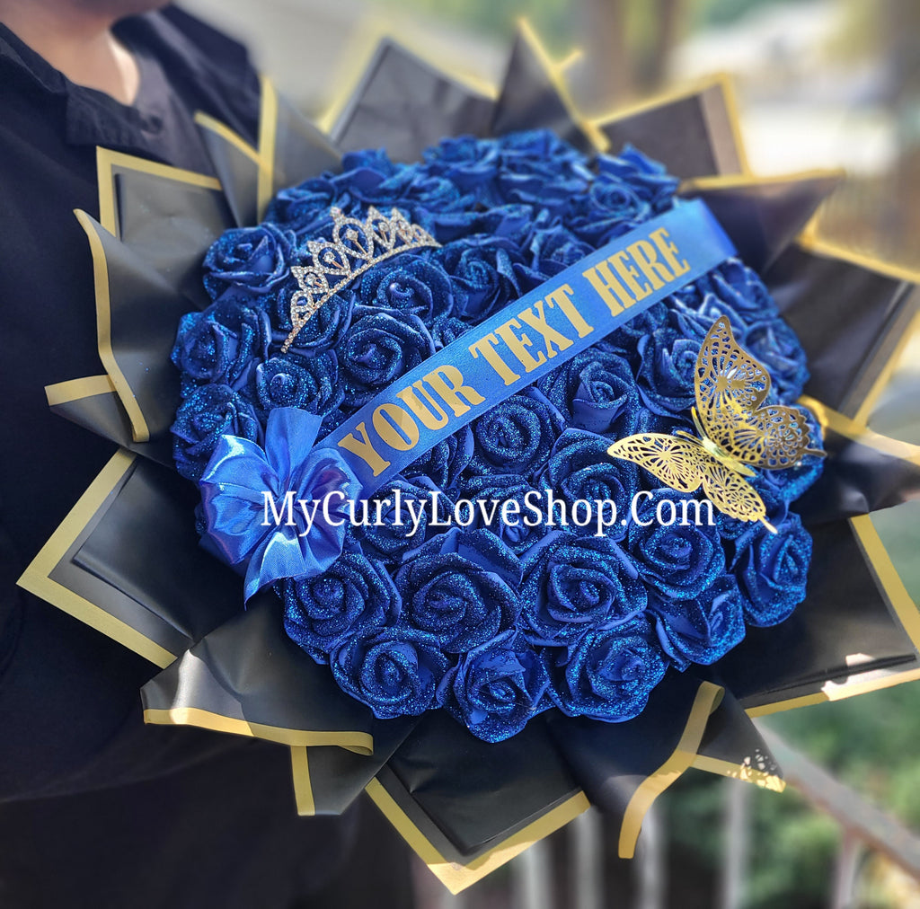 ROYAL BLUE Glitter Roses Bouquet: Graduation Cap or Tiara and Butterfly Included (Tiara and Butterfly Shape Can Vary Depending on Availability) Banner and Lights are additional.