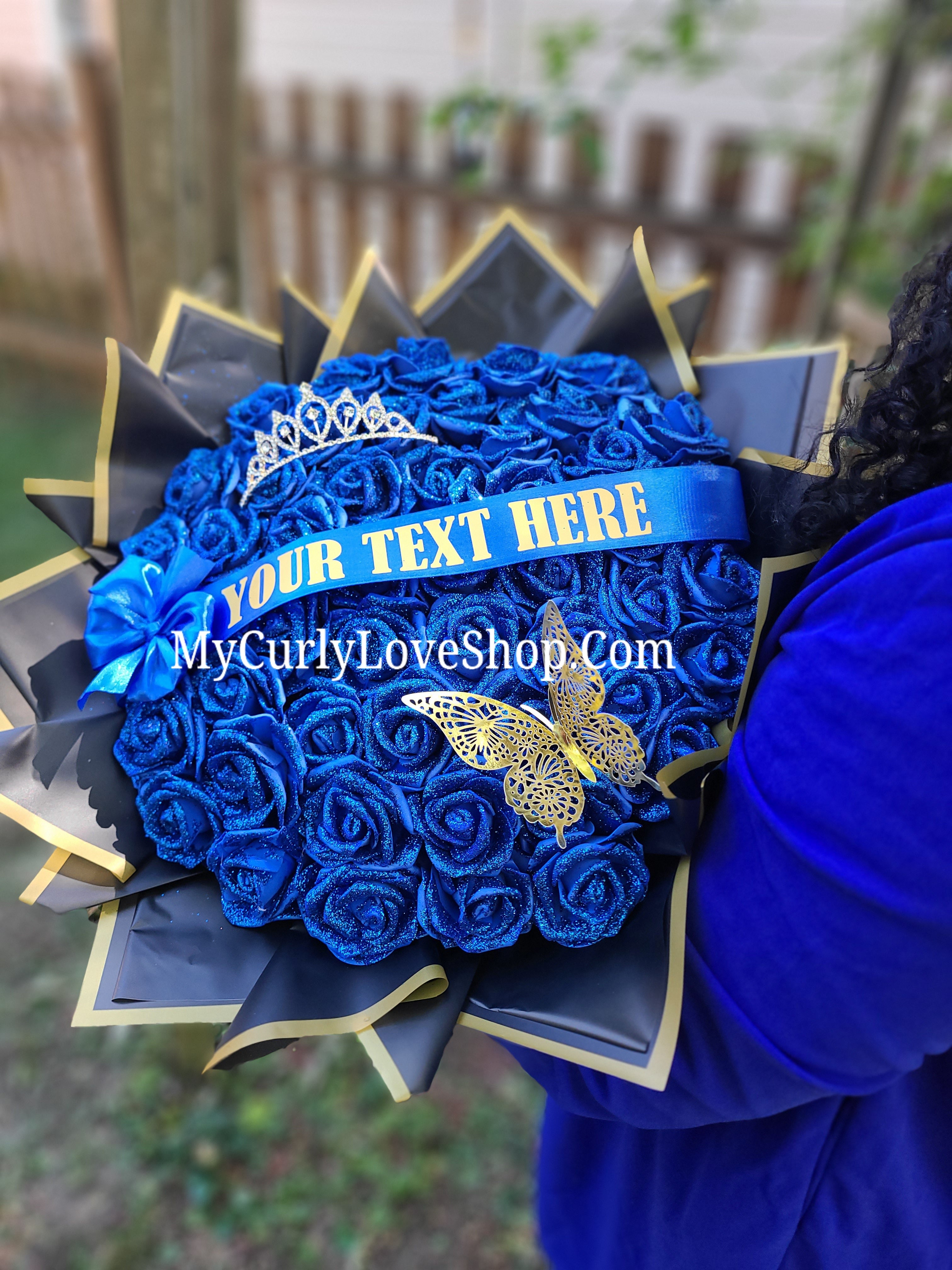 ROYAL BLUE Glitter Roses Bouquet: Graduation Cap or Tiara and Butterfly Included (Tiara and Butterfly Shape Can Vary Depending on Availability) Banner and Lights are additional.