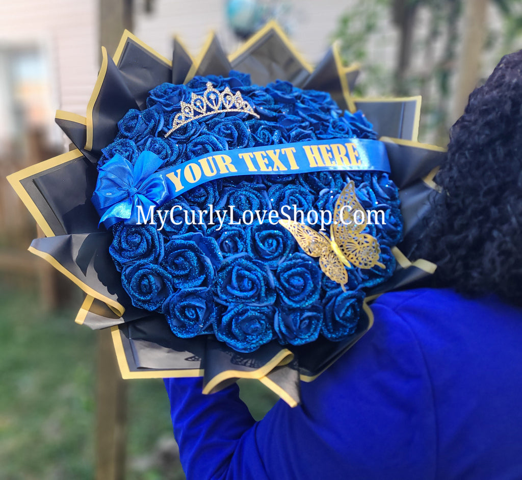 ROYAL BLUE Glitter Roses Bouquet: Graduation Cap or Tiara and Butterfly Included (Tiara and Butterfly Shape Can Vary Depending on Availability) Banner and Lights are additional.