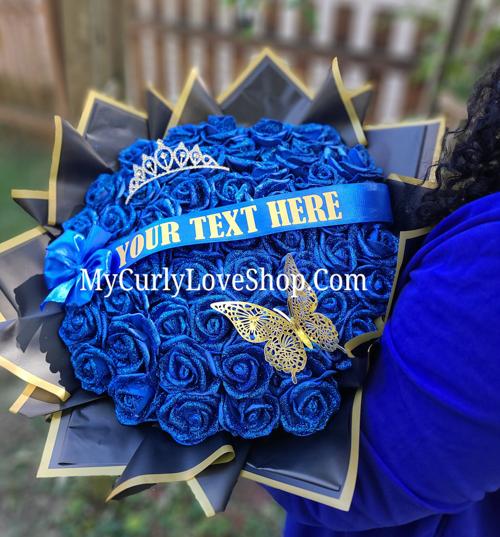 ROYAL BLUE Glitter Roses Bouquet: Graduation Cap or Tiara and Butterfly Included (Tiara and Butterfly Shape Can Vary Depending on Availability) Banner and Lights are additional.