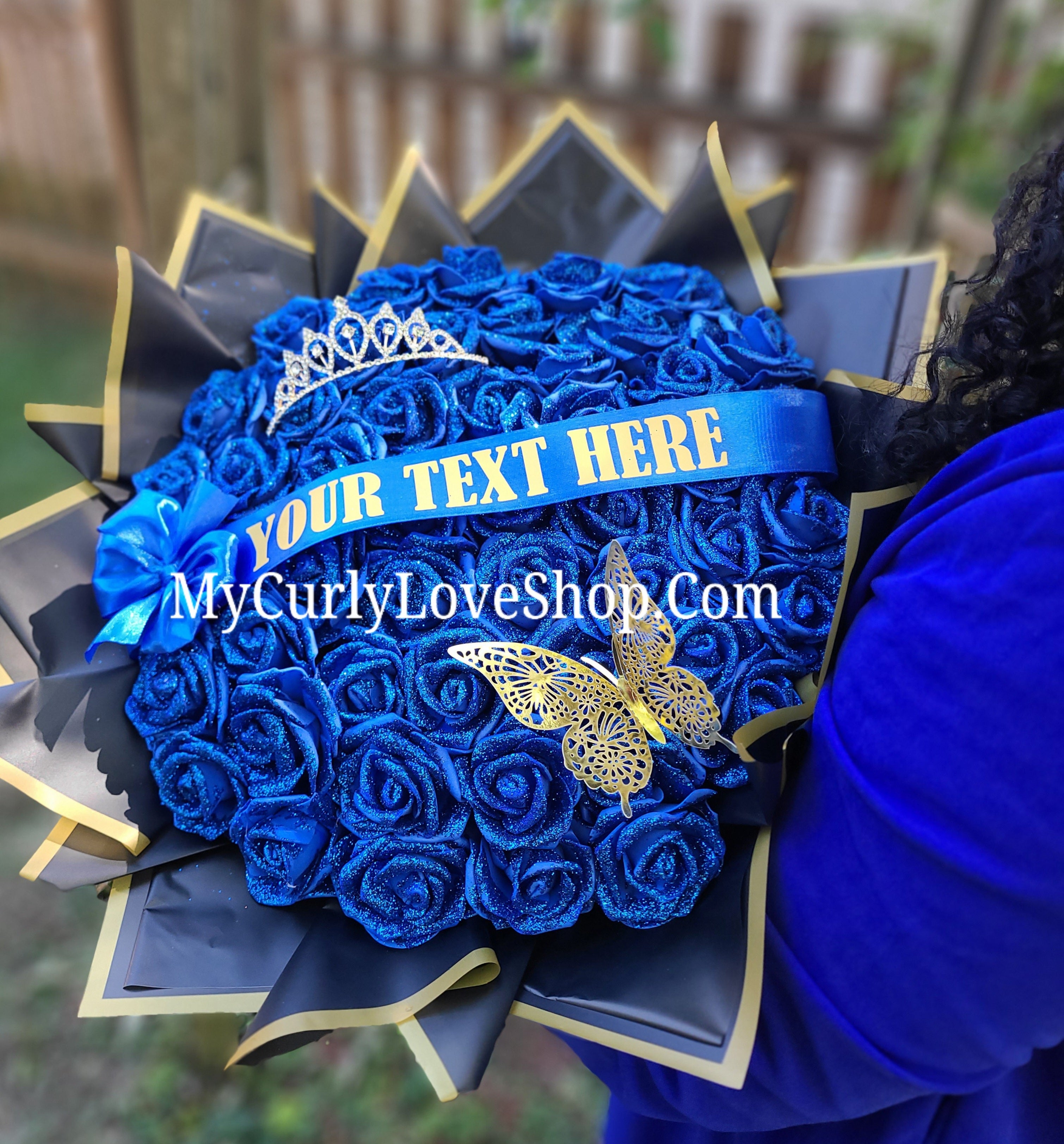 ROYAL BLUE Glitter Roses Bouquet: Tiara and Butterfly Included (Tiara and Butterfly Shape Can Vary Depending on Availability) Banner and Lights are additional.