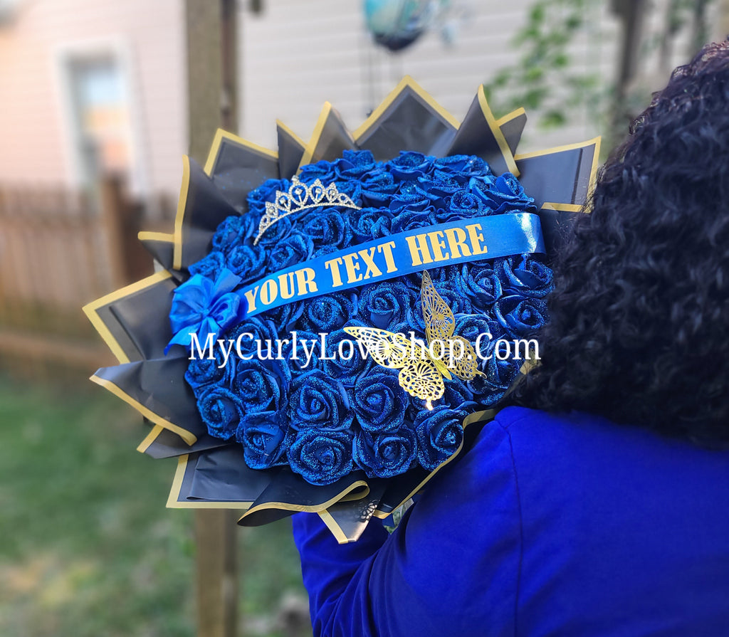 ROYAL BLUE Glitter Roses Bouquet: Graduation Cap or Tiara and Butterfly Included (Tiara and Butterfly Shape Can Vary Depending on Availability) Banner and Lights are additional.