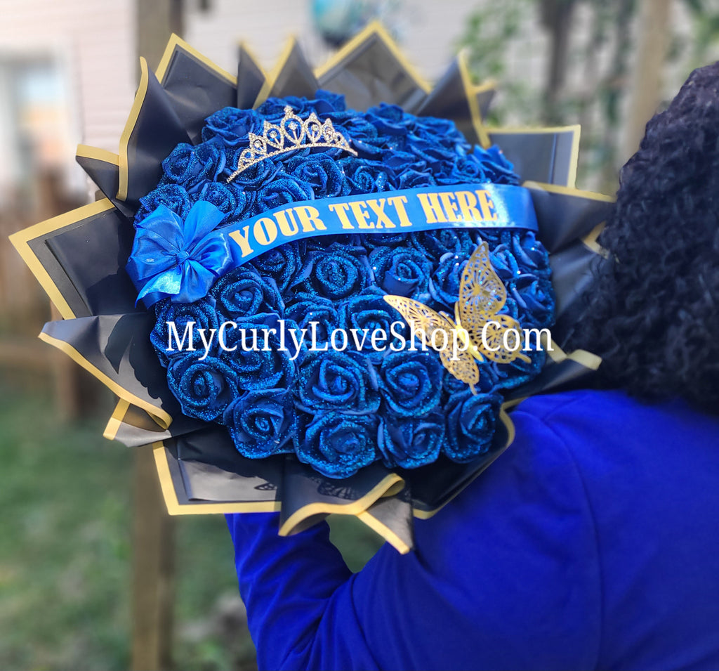 ROYAL BLUE Glitter Roses Bouquet: Graduation Cap or Tiara and Butterfly Included (Tiara and Butterfly Shape Can Vary Depending on Availability) Banner and Lights are additional.