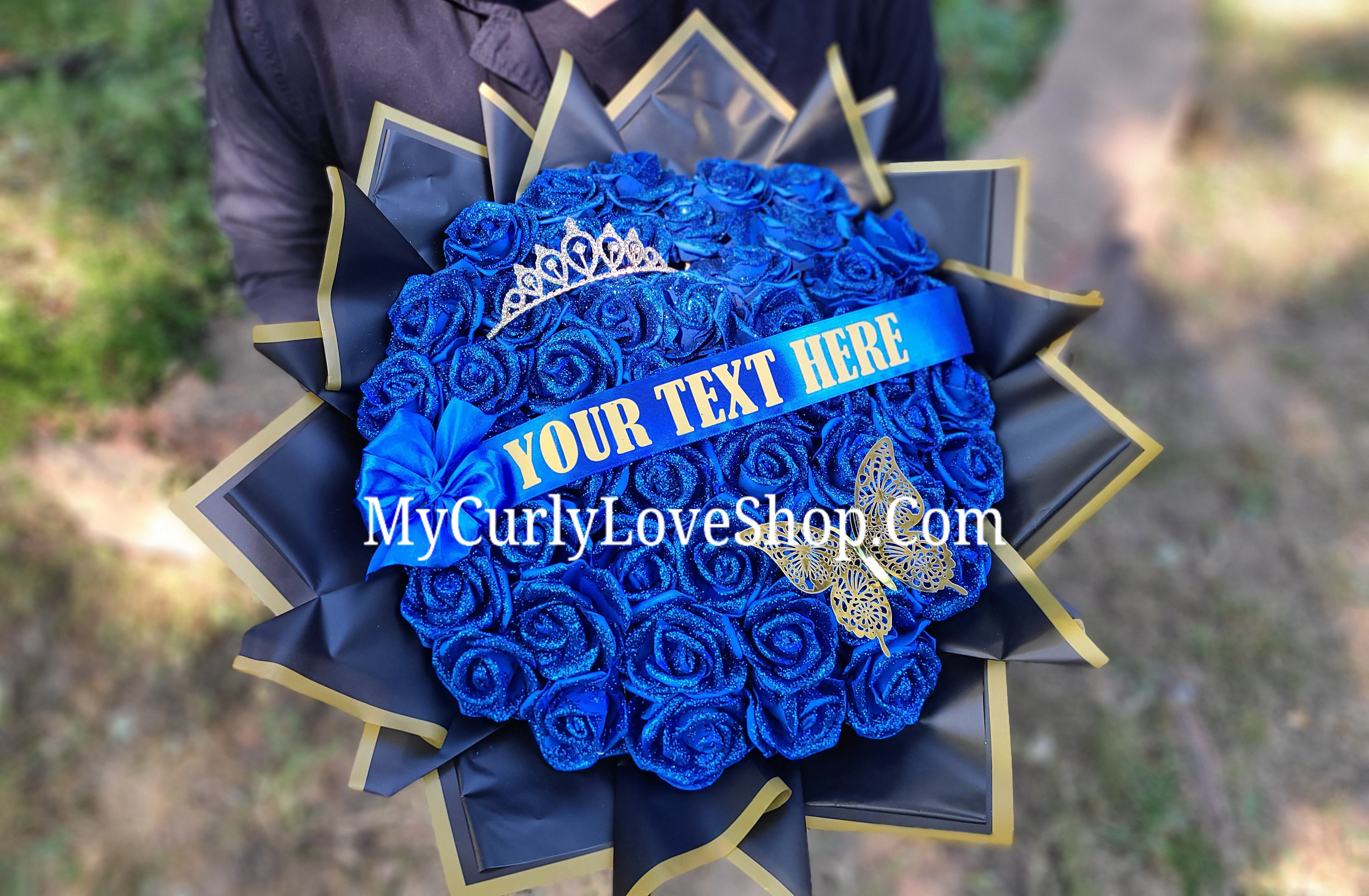 ROYAL BLUE Glitter Roses Bouquet: Graduation Cap or Tiara and Butterfly Included (Tiara and Butterfly Shape Can Vary Depending on Availability) Banner and Lights are additional.